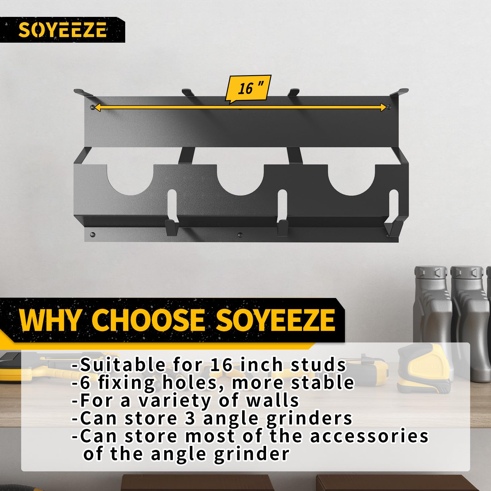 SOYEEZE Uchwyt na szlifierkę kątową, stojak na narzędzia do szlifierki kątowej Milwaukee/Dewalt, 1 opakowanie, stojak do przechowywania narzędzi, uchwyt ścienny do frezów, polerek, garażu i miejsca