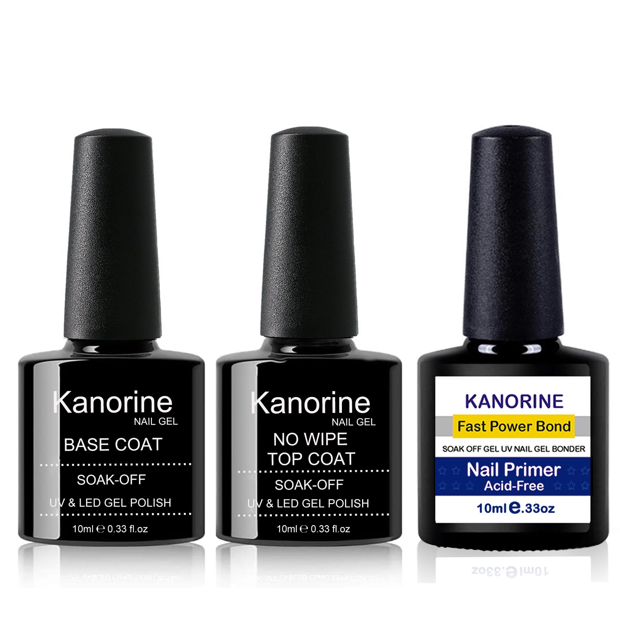 UV/LED Nail Gel Polish 3 in 1 Set(Nail Primer+Base Coat +Top Coat) non-acid Natural/Acrylic Nails Primer Liquids gel bonder Agent Bonder soak-off no-wipe GelPolish 10mlx3