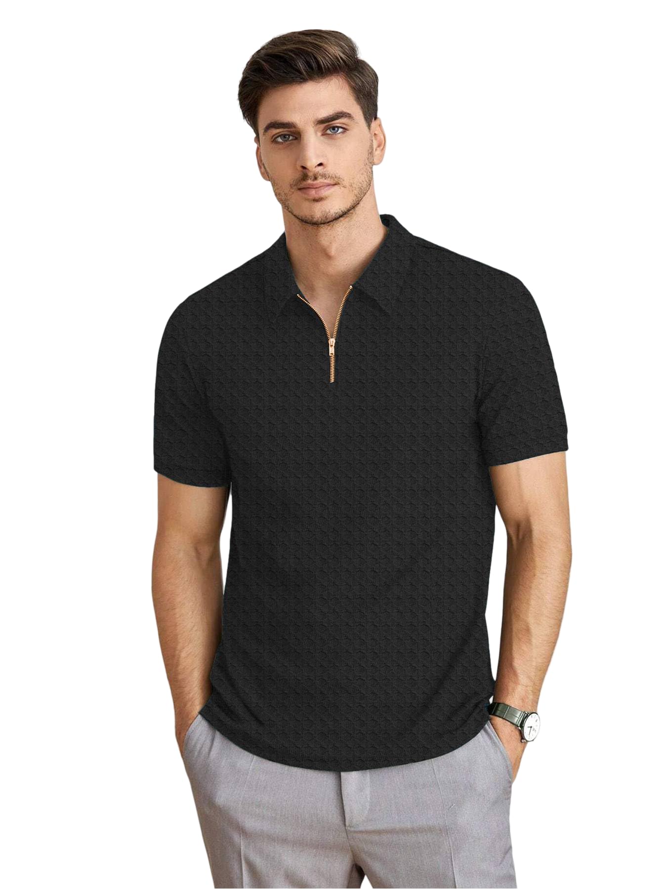 kajaru Men's Polyster Blend Regular Fit T-Shirt with Half Sleeve Chain Polo Collar V-Neck Standard Length and Classic Style-picture-25