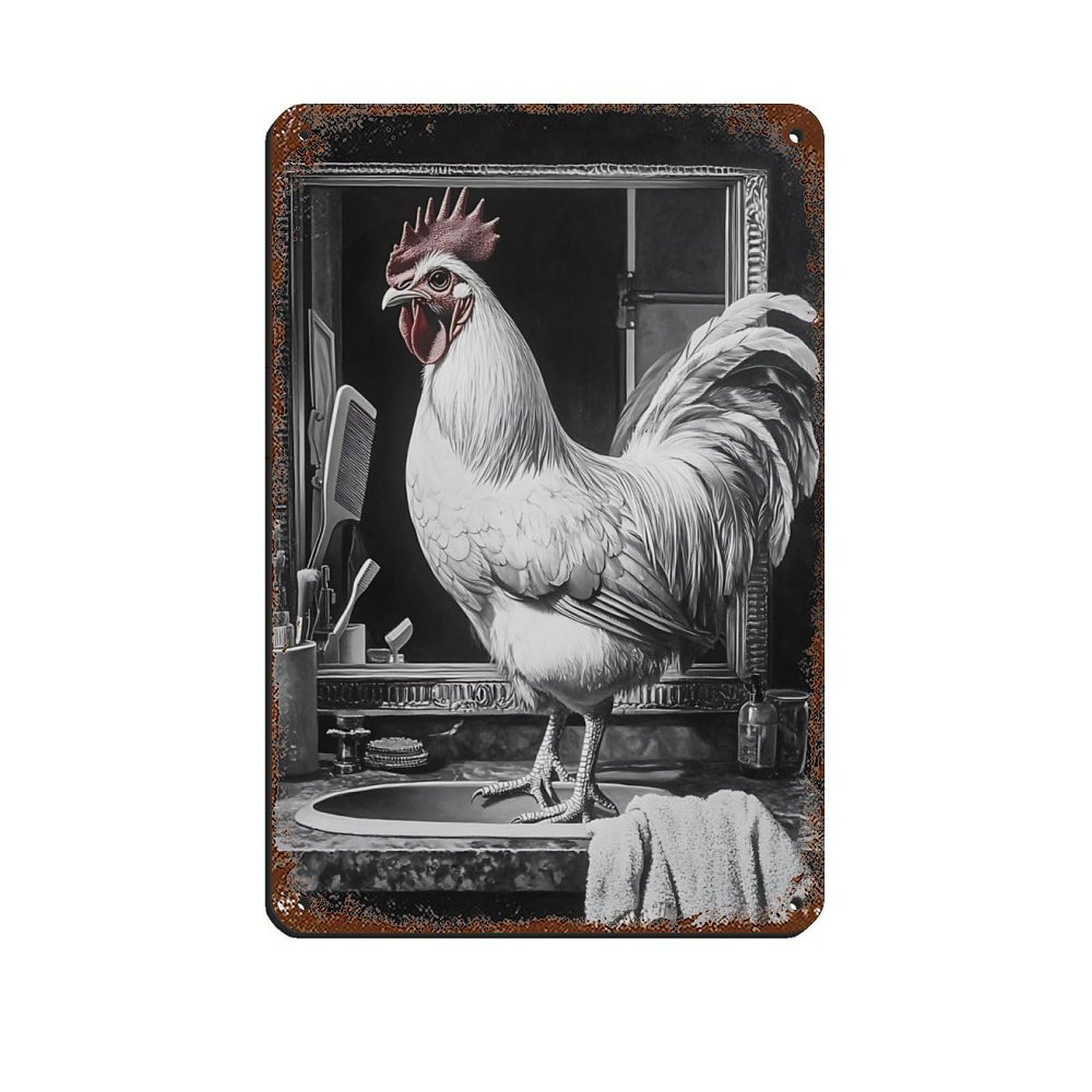 Lxwnze 20L X 30W Cm Farmhouse Rooster, Rustic Chicken Retro Poster Metal Tin Sign Chic Art Retro Iron Painting Bar People Cave Cafe Family Garage Poster Wall Decoration 8X12inch(20X30cm)