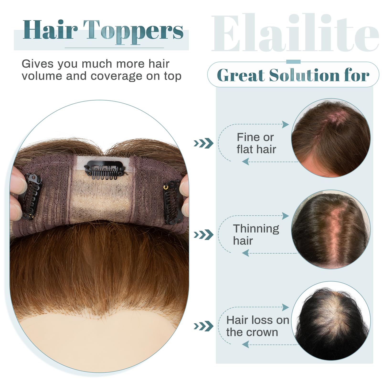 Elailite Haarteil Echthaar Topper Clip in Toupet Frauen Seide Basis Clip in Extensions Haarverlängerung 130% Dichte Remy Silk Base Glatt 45cm 57g #02 Dunkelbraun