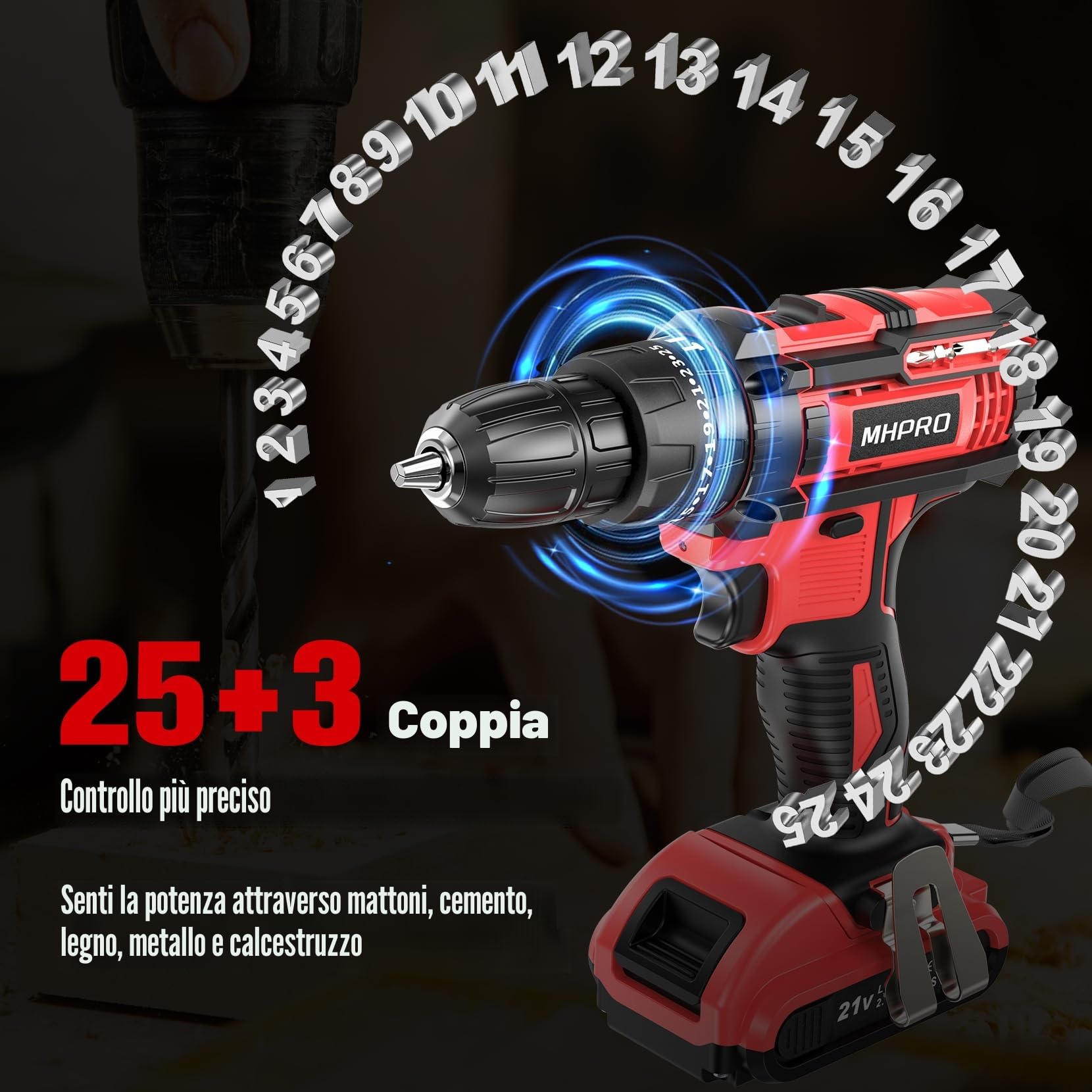 Trapano Avvitatore Batteria 21V, Avvitatore a Batteria con Batterie 2.0Ah, 42Nm Avvitatore Elettrico, 25+3 Coppie, 2 Velocità, 23CS Accessori, LED Luce per Casa Progetto