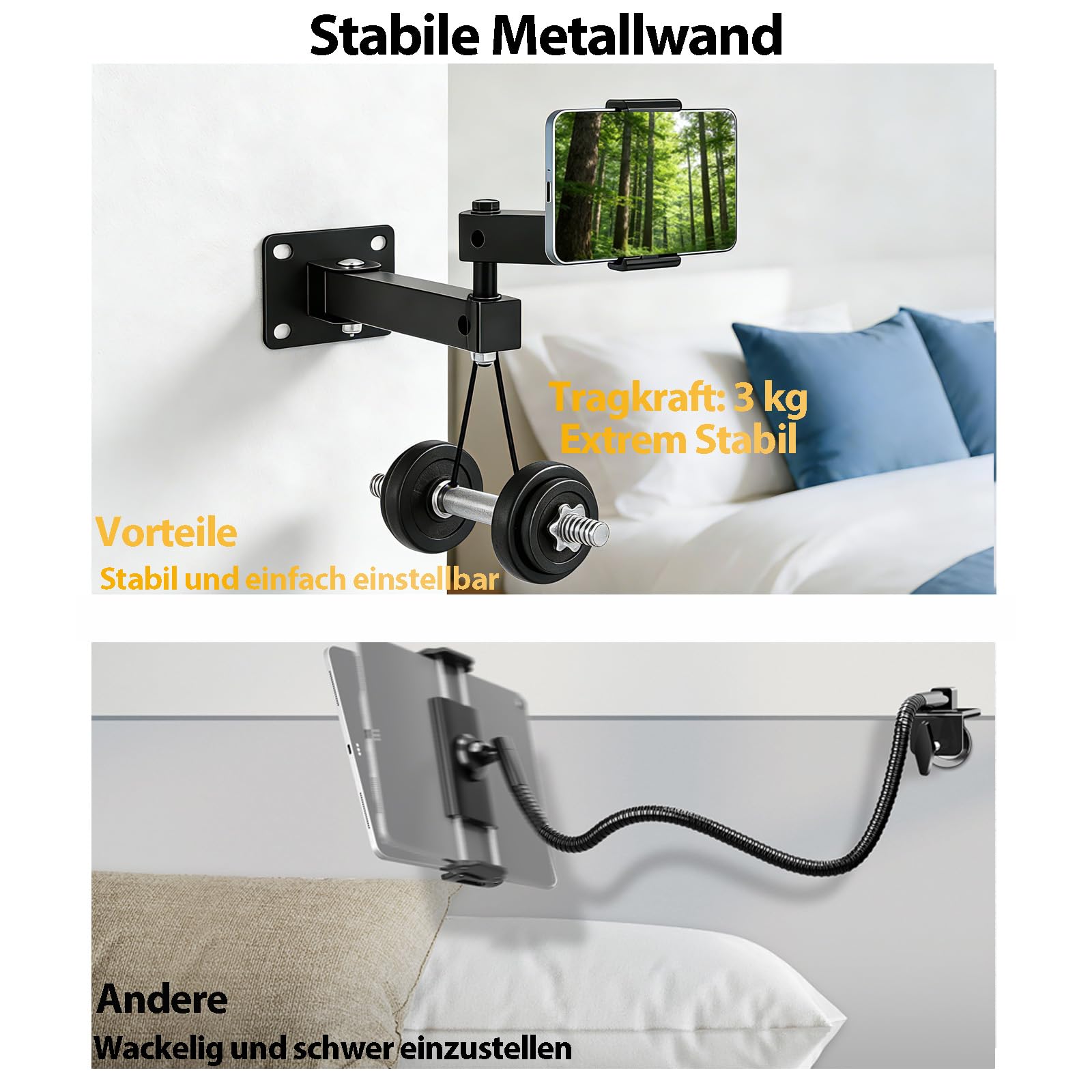Uchwyt ścienny na tablet, aluminiowy wysuwany uchwyt ścienny, regulacja wysokości, składany, obracany o 360 stopni, składany, do kuchni, biura, salonu, łazienki lub sypialni, do urządzeń 4-13"