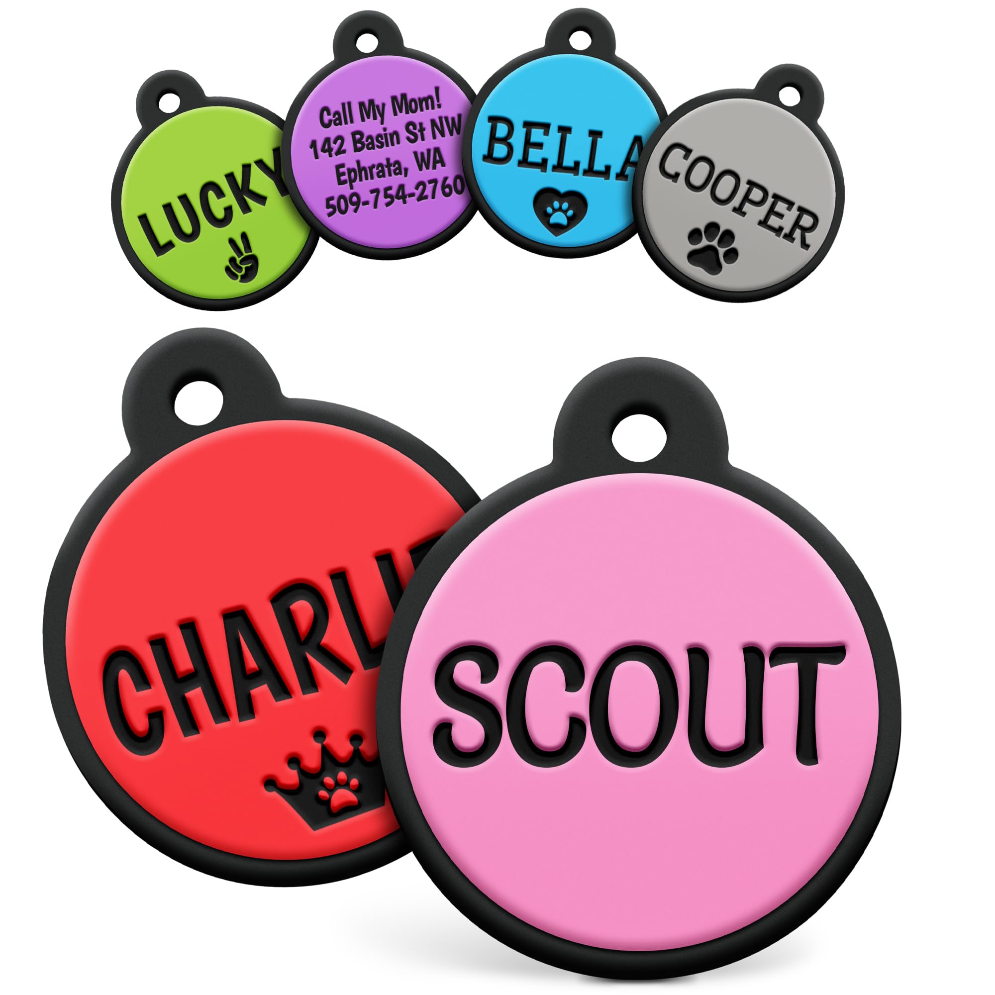 GoTags Silicone Dog Tags, Soundless Pet Tag, Personalized Silent Tag Engraved for Pets with Cute Custom Designs, for Dogs and Cats, (Round, Pink)