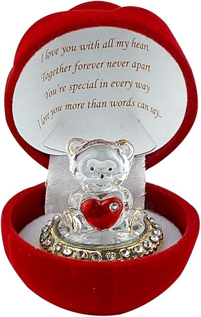 Red Love Heart Teddy Bear Rose Present Gift Boxed Glass Ornament