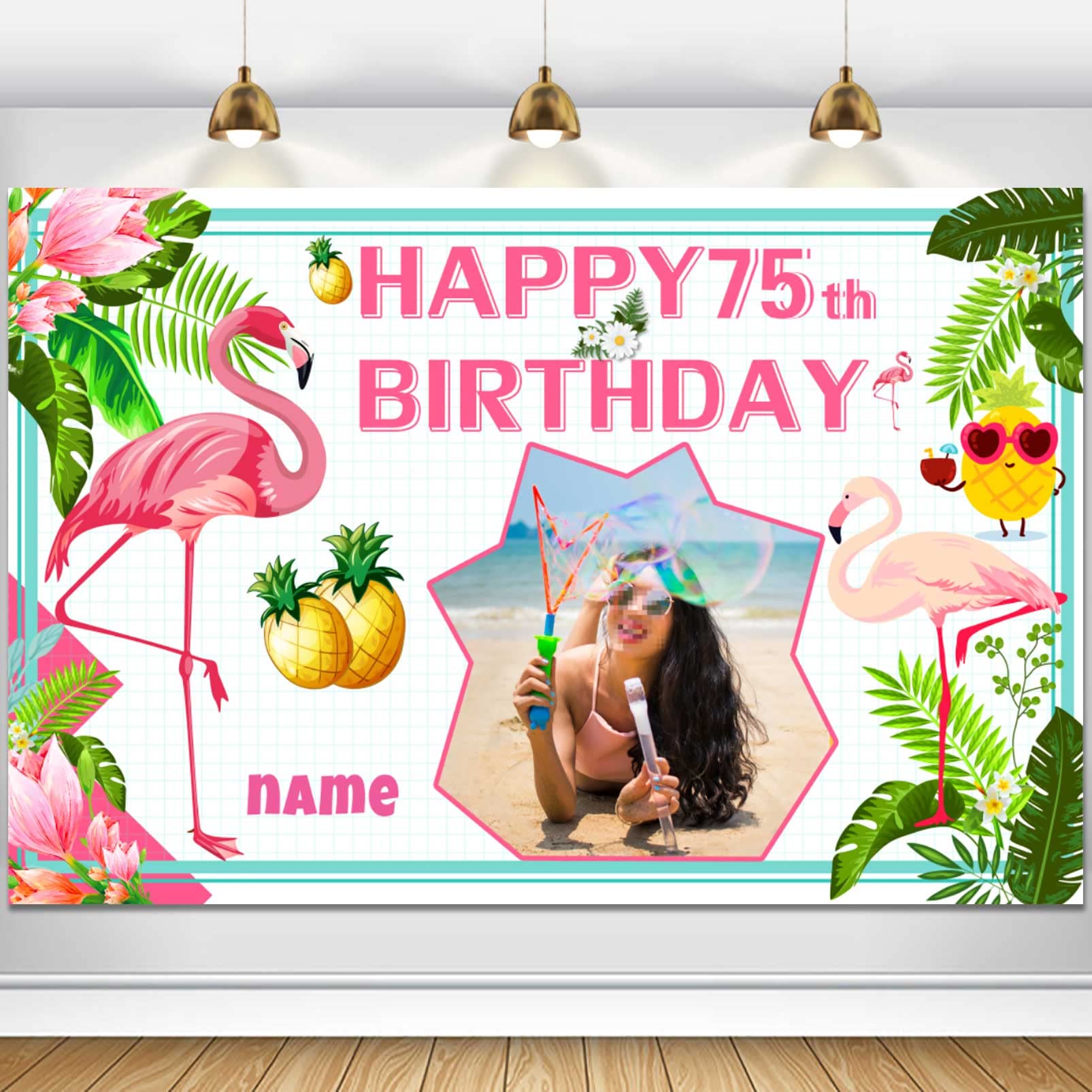 Custom Happy 75th Birthday Banner Flamingo Themed Party Decoration Backdrop Flamingo Banner Party Supplies Tropical Floral Photo Booth Hawaiian Themed