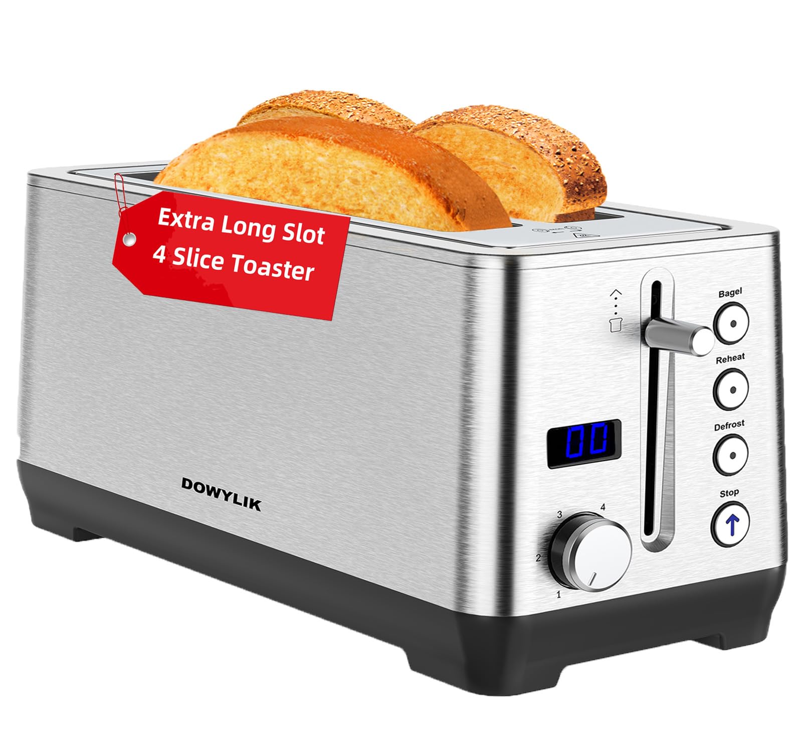 Toaster 4 Slice, DOWYLIK Extra Wide Long Slot 4 Slice Toaster with Countdown Timer, Bagel/Reheat/Defrost/Cancel Functions, 6 Browning Setting, 1500W Brushed Stainless Steel Long Toaster