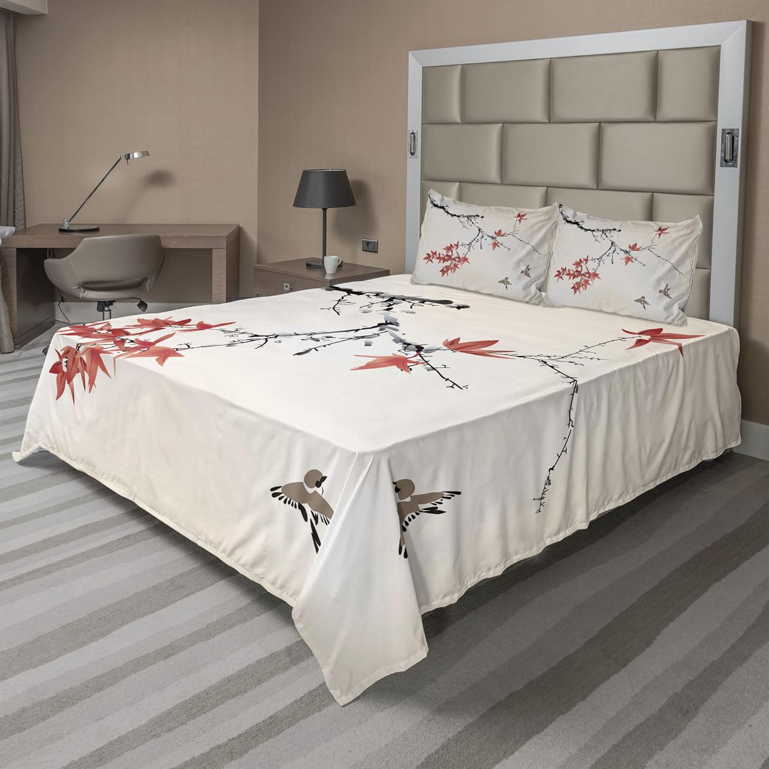 Ambesonne Japanese Sheet Set, Cherry Blossom Sakura Tree Branches Romantic Spring Themed Watercolor Picture, Fitted and Flat Sheet with Pillowcases Bedding Accent 4 Piece Set, Full, Coral Black