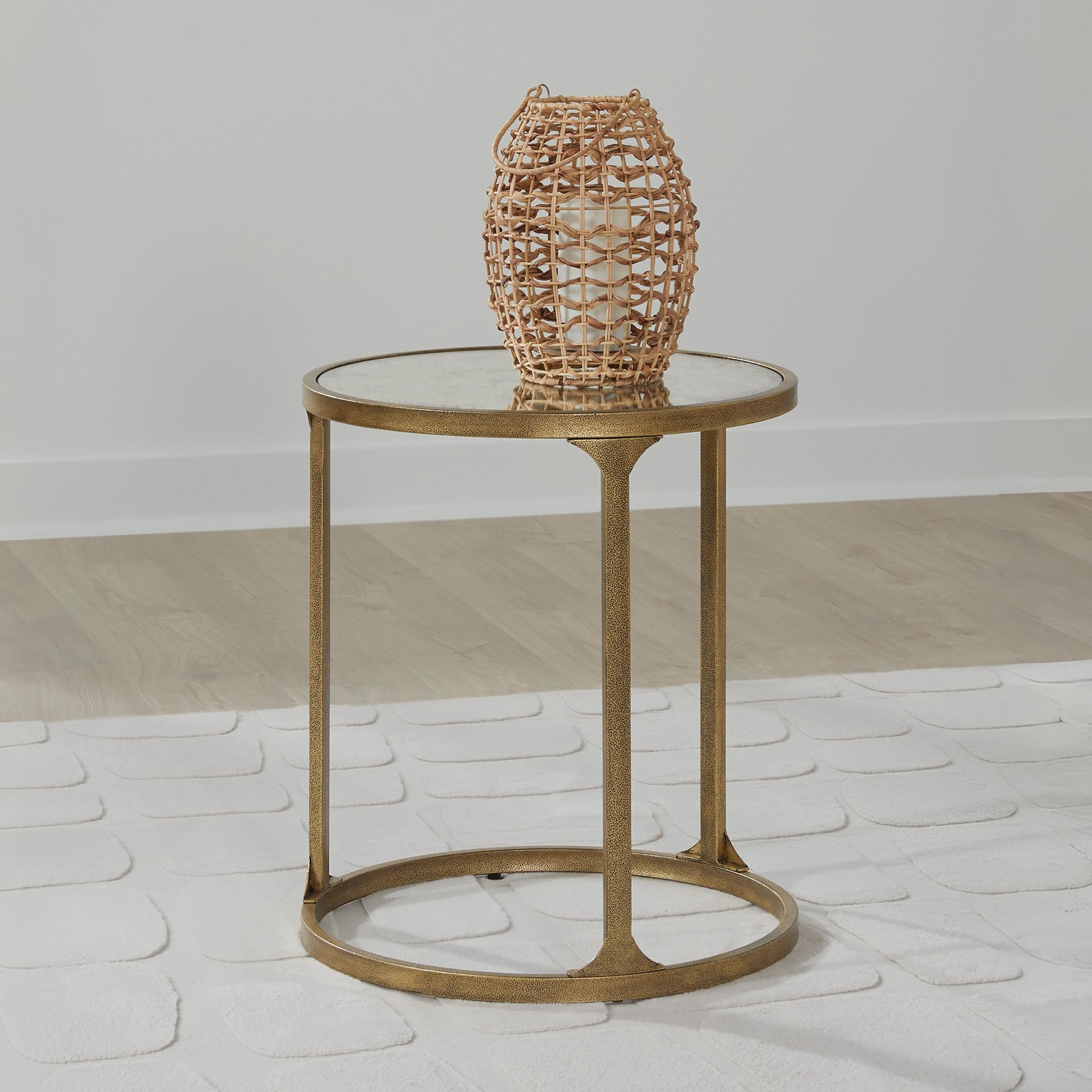 Signature Design by Ashley Korajane Round End Table, Gold, 20 Inch | 20x20x23 in round end table, 21.63 in under table space, Faux marble tempered glass top, Antique gold metal frame