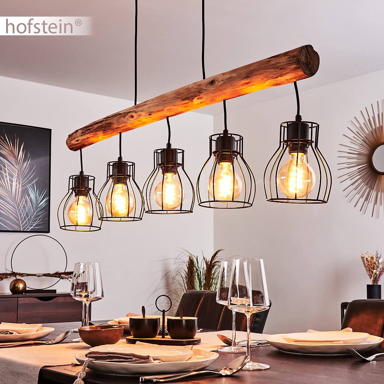 HOFSTEIN Pendelleuchte Gondo, Hängelampe aus Metall/Holz in Schwarz/Braun, 5-flammig, E27, Lampenschirme in Gitteroptik, Höhenverstellbar bis max. 140 cm, modernes industrial Design, Küche, Wohnzimmer