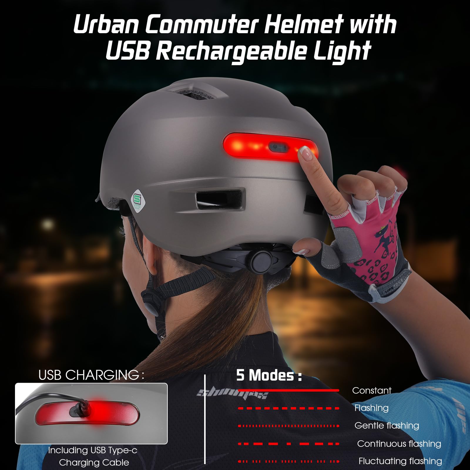 Shinmax Men's and Women's Bike Helmet, 5 Light Modes and Visor, USB Rechargeable - Image 3