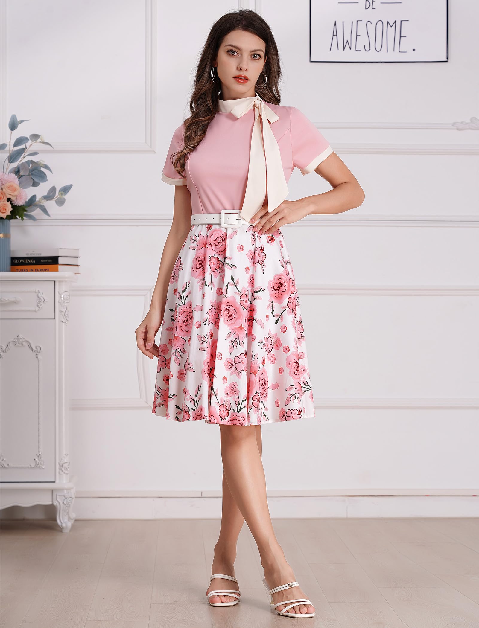 IDOPIP Robe élégante pour femme avec col noué - Style rétro années 1950 - Pour cocktail, bal de fin d'année, soirée formelle, rockabilly