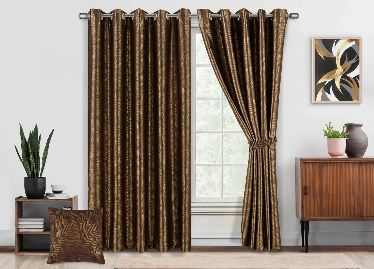 MILANO COLLECTIONS® Metallic Foil - Printed Geometric Lattice Pattern Blackout Curtains for Bedroom & Living Room – 2 Panels with Tiebacks – Noise-Reducing, Sunlight Blocking for Home Décor - Brown