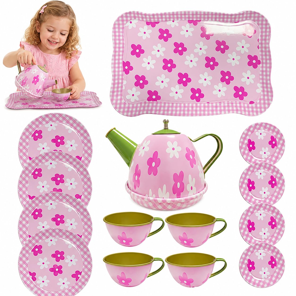 Metal Tea Set for Kids,14pcs Tea Party Set for Girls Pretend Kitchen Toy