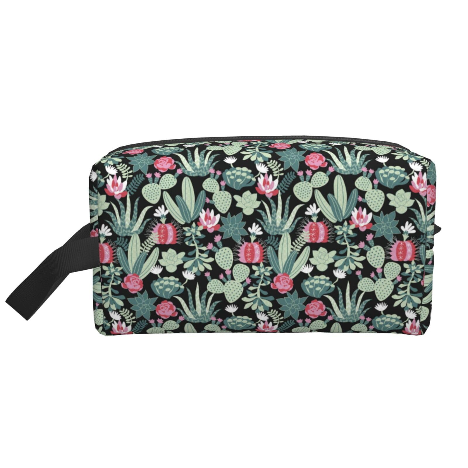 Ercgad Unisex White Cactus Print Large Capacity Travel Toiletry Bag Cosmetic Pouch Daily Storage Makeup Case
