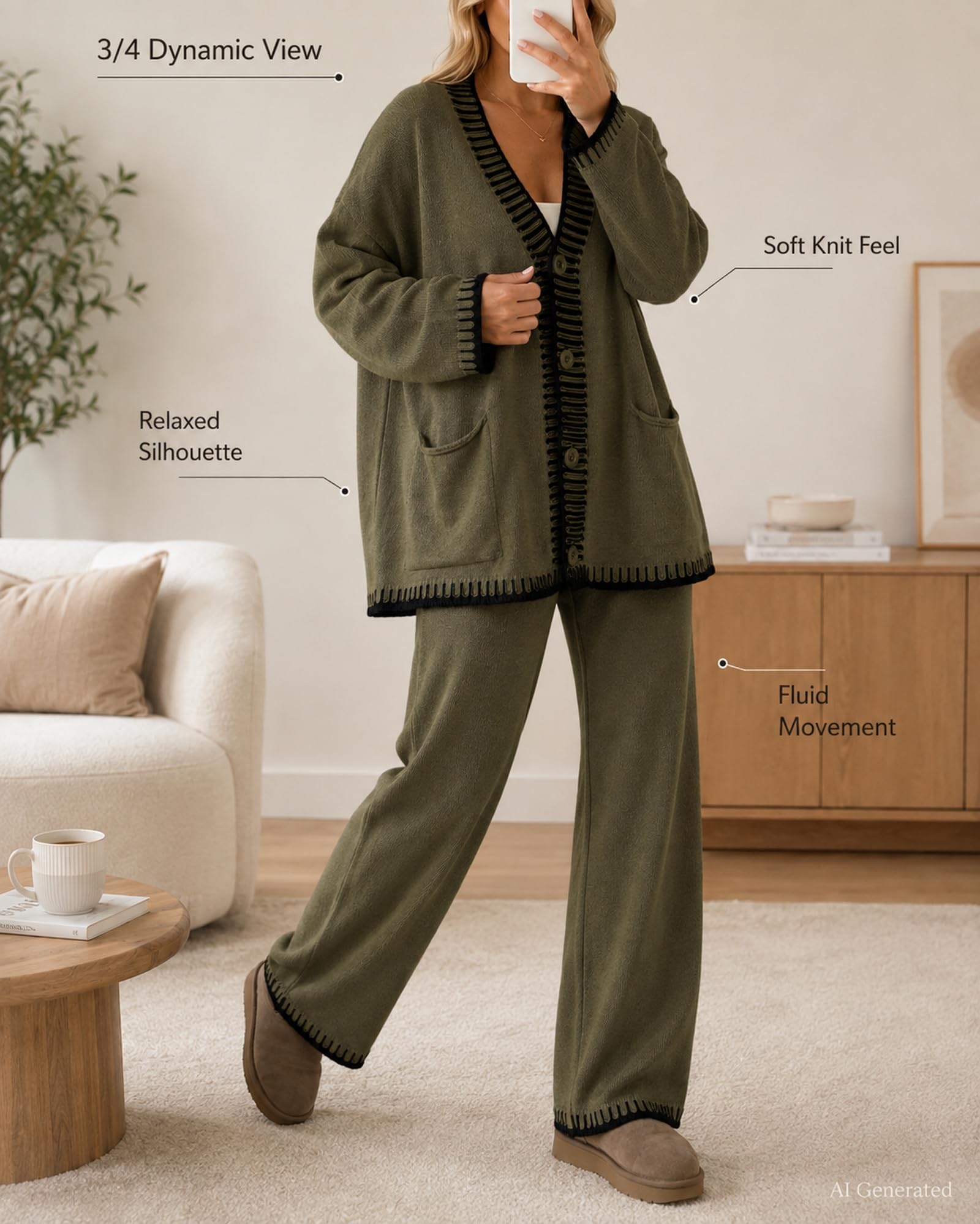 Women Two Piece Knit Set Button Front Cardigan And Matching Pants