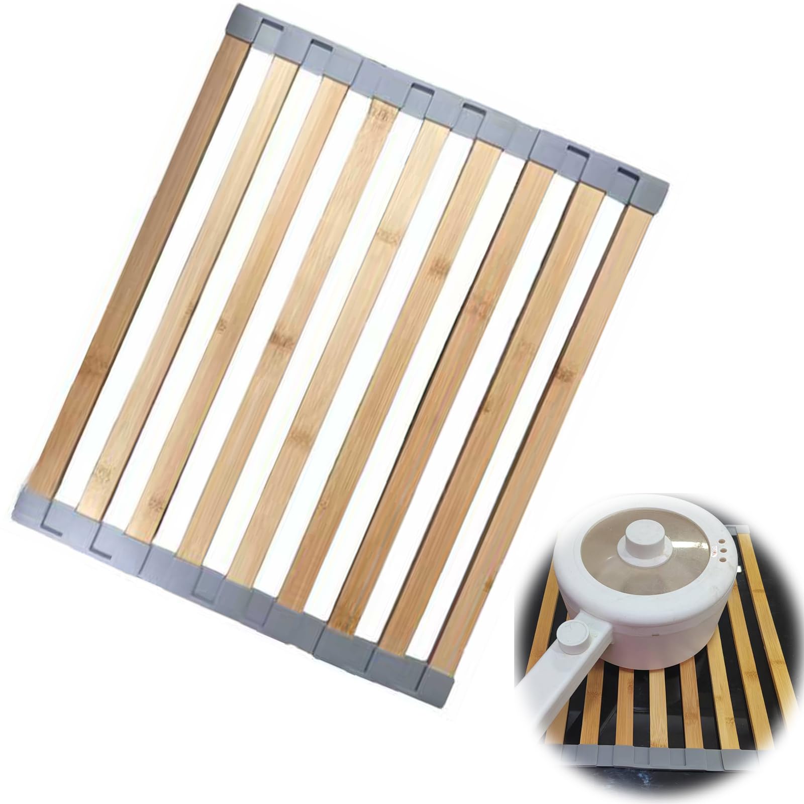 HANQ Foldable Dish Drying Rack for Kitchen Sink, Bamboo Roll Up Dish Drying Rack Wooden Kitchen Over The Sink, Counter Storage Rack for Dishes, Plates, Bowls, Wooden Cover Counter Space (16 inch)