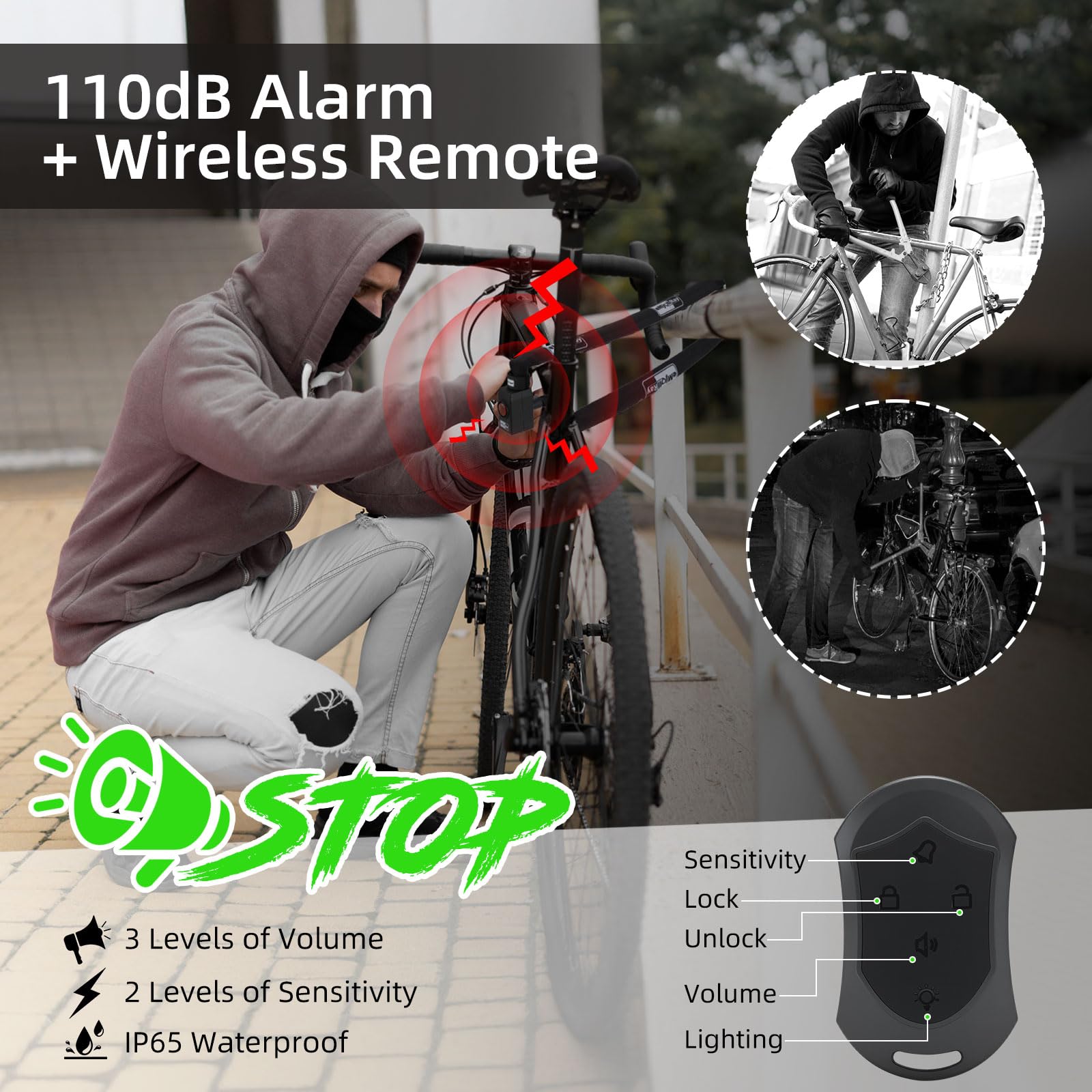 120CM Antivol Velo avec Alarme 110dB Antivol Alarme Vélo avec Télécommande 8MM Grossie USB C Rechargeable Chaine Antivol avec 3 Clés et Sac pour Vélo Electrique Trottinette Scooter Porte