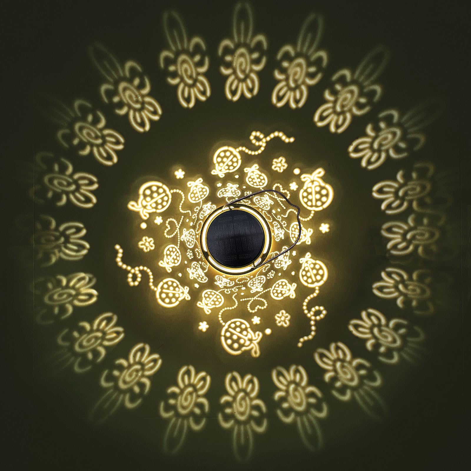Decorative Solar Lantern Outdoor, Hanging Garden Light with Ladybug Pattern Projection, Waterproof Metal Lantern for Patio Yard Porch, Unique Gift for Women Men Mom Grandma