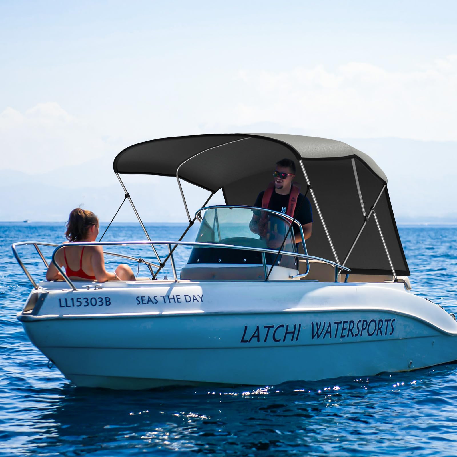 TeBaisea 3 Bow Bimini Tops for Boats, Boat Sun Shade Boat Canopy UV-Proof 800D High-Tech Polyester Fiber with Support Poles and Front/Rear Side Sunshade Cloth, 67-72