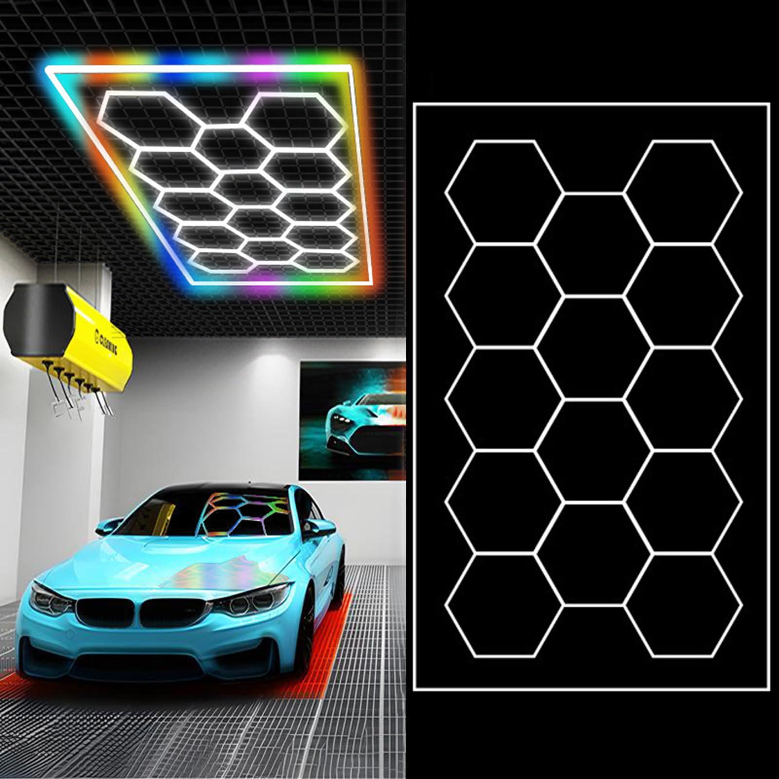 Hexagon Lampes LED pour Garage Hexagonales Design 6000K Plafonnier LED nid D'abeilles pour Garage Soussol Entrepôt Salon de Beauté Automobile Atelier D'esthétique Automobile,5