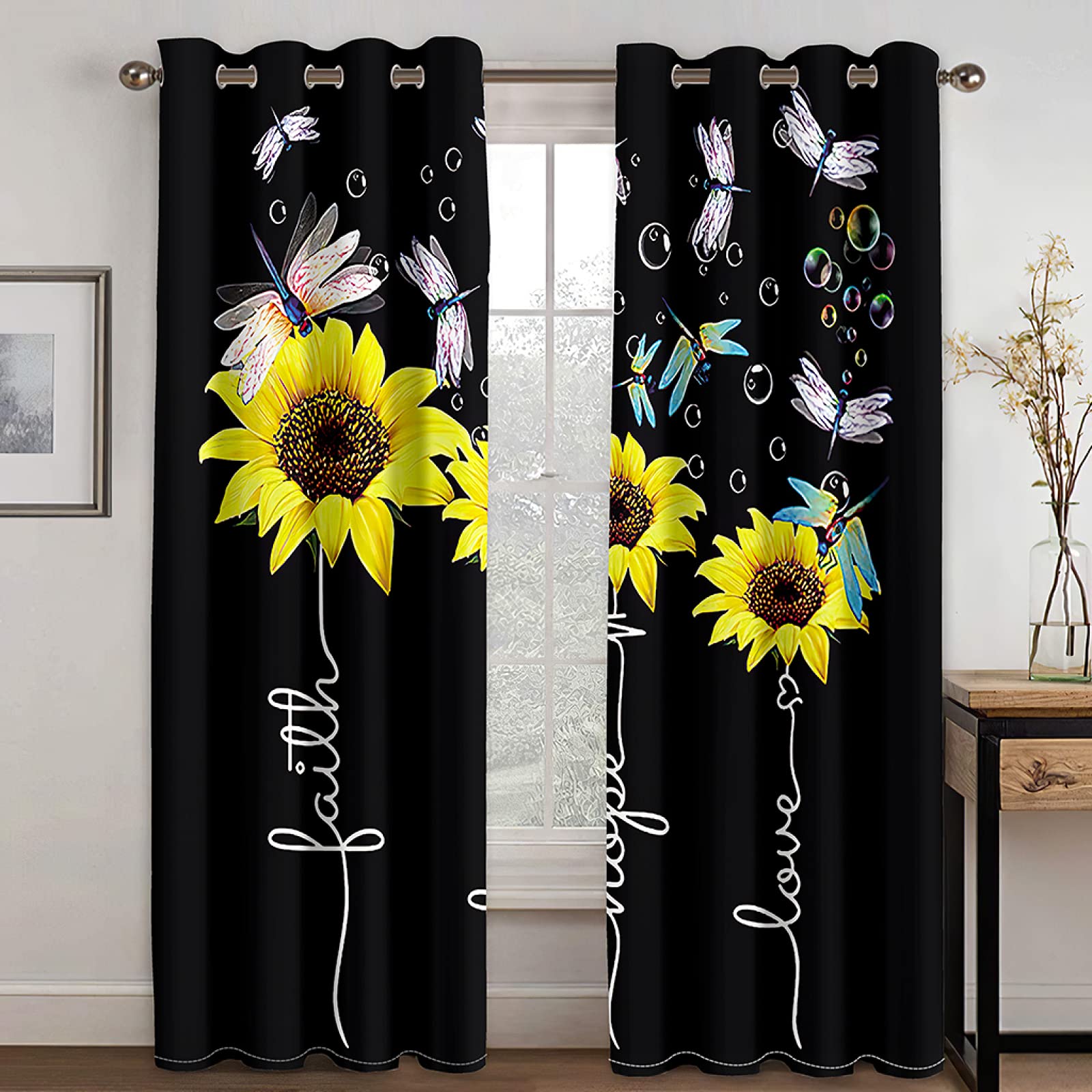Zasłona z czarnymi słonecznikami, na przelotkach, nieprzejrzysta, termiczna, zaciemniająca, do sypialni, salonu, wys. 260 x szer. 140 cm, zestaw 2 sztuk