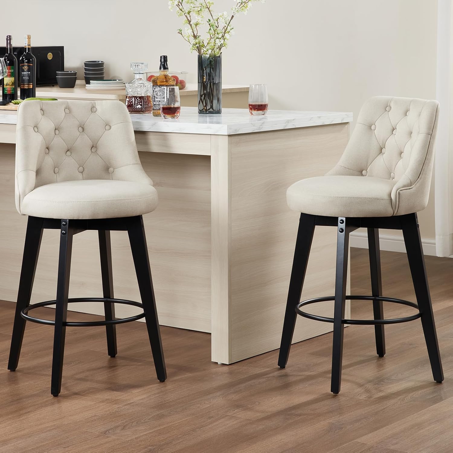 Virabit Swivel Bar Stools Set of 2, Linen Counter Height Bar Stool with Back, Upholstered Bar Stools for Kitchen Island, Dining, Cafe, Pub (Beige)