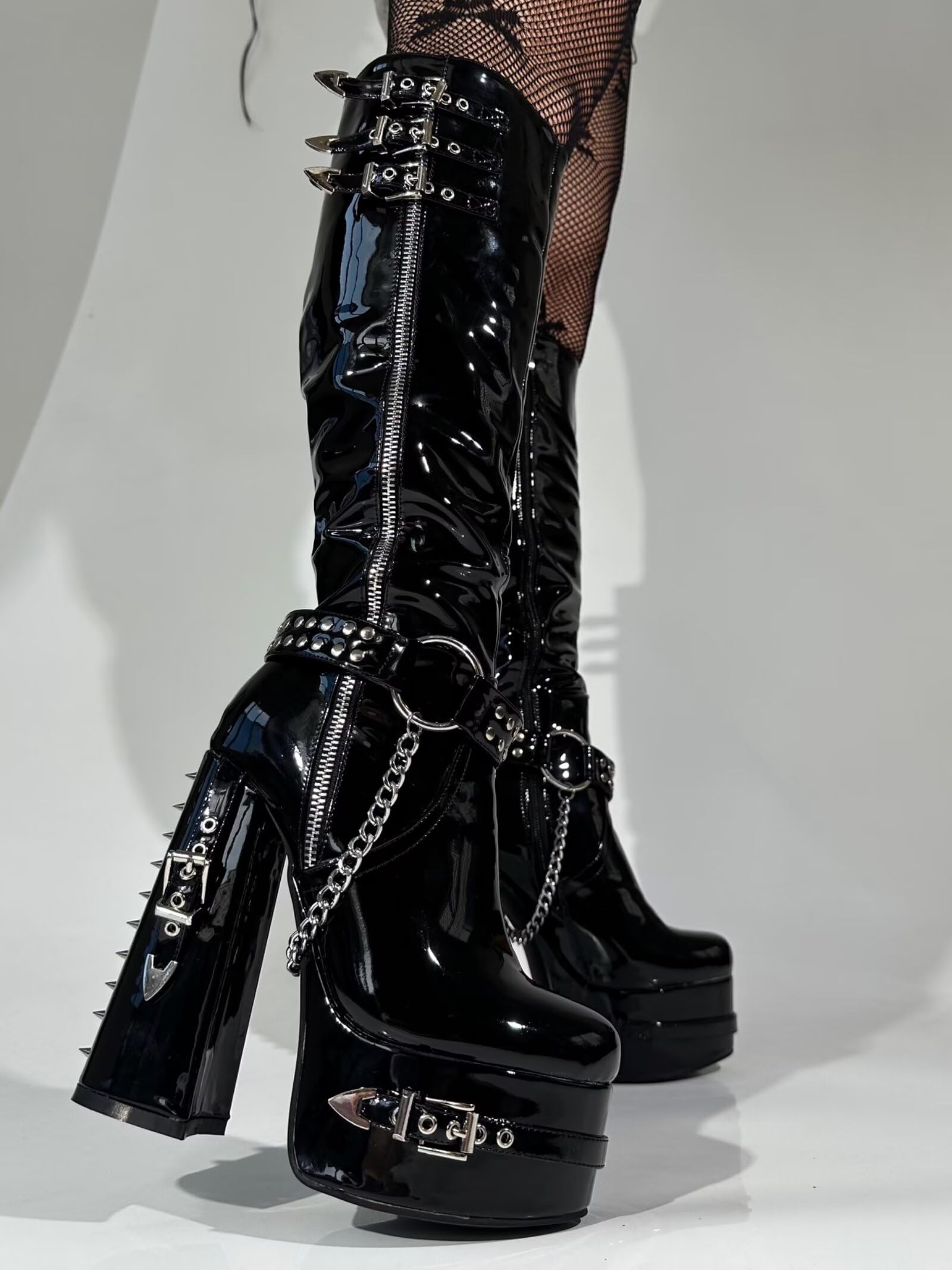 Frankie Hsu Goth Sexy Chunky Platform Knee High Heeled Boots, Black Patent Silver Chain Rivets Ring Buckle Gothic, Punk Y2K Hot Girl Big Large Size Wide Calf Shoes For Women Men: 10