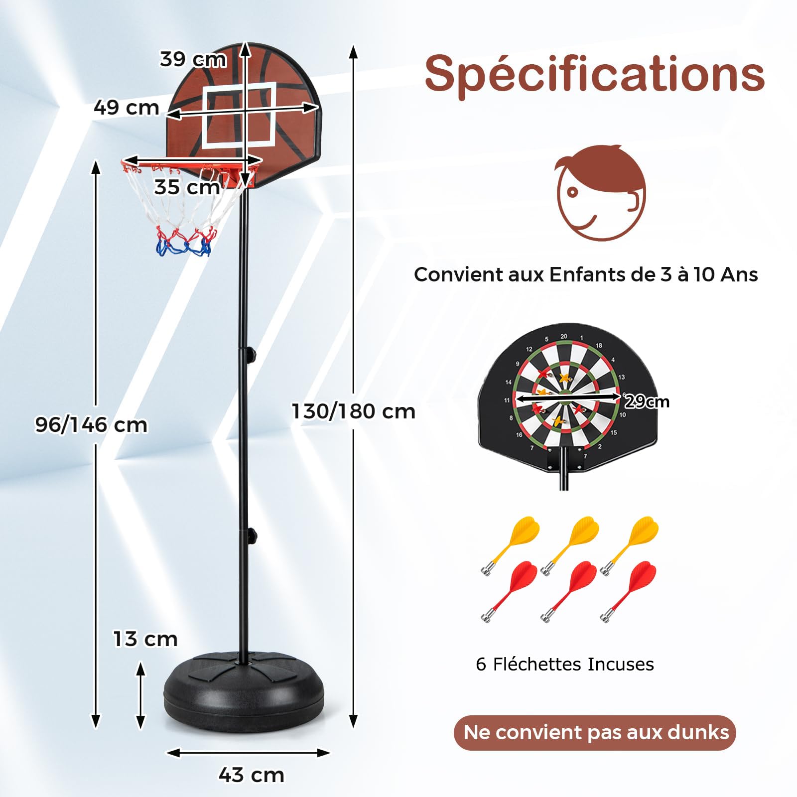 GYMAX 2-en-1 Panier Basket Enfants 3-10 Ans, avec Cible de Fléchettes, Hauteur Réglable 96/146cm, Base Remplissable Stable, 6 Fléchettes, pour Intérieur et Extérieur, pour Garçons et Filles