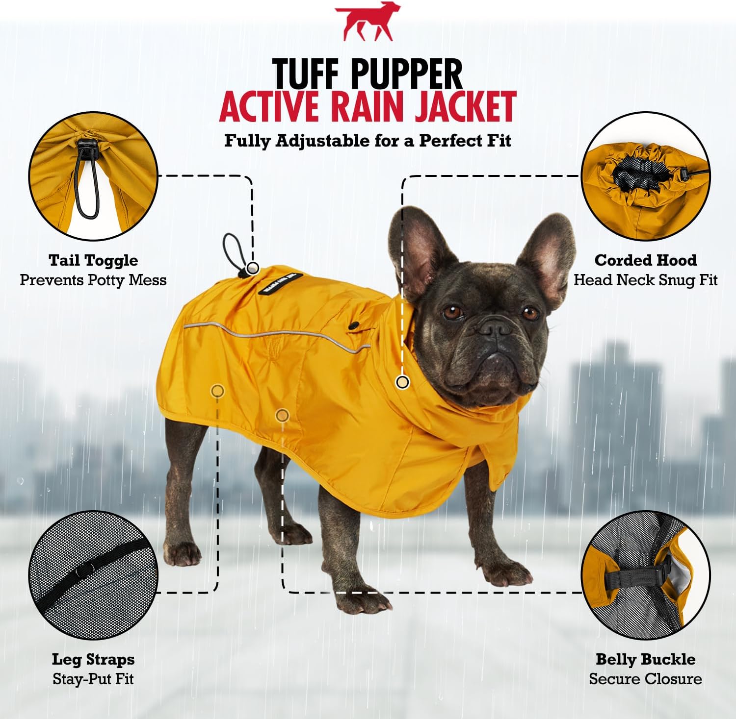 Tuff Pupper Waterproof Dog Raincoat | Full-Body Windproof Rain Jacket for Dogs | Reflective Strips | Breathable Mesh Lining | Adjustable Fit | Leash Port | Small Medium Large XL XXL Dogs (Yellow, L)