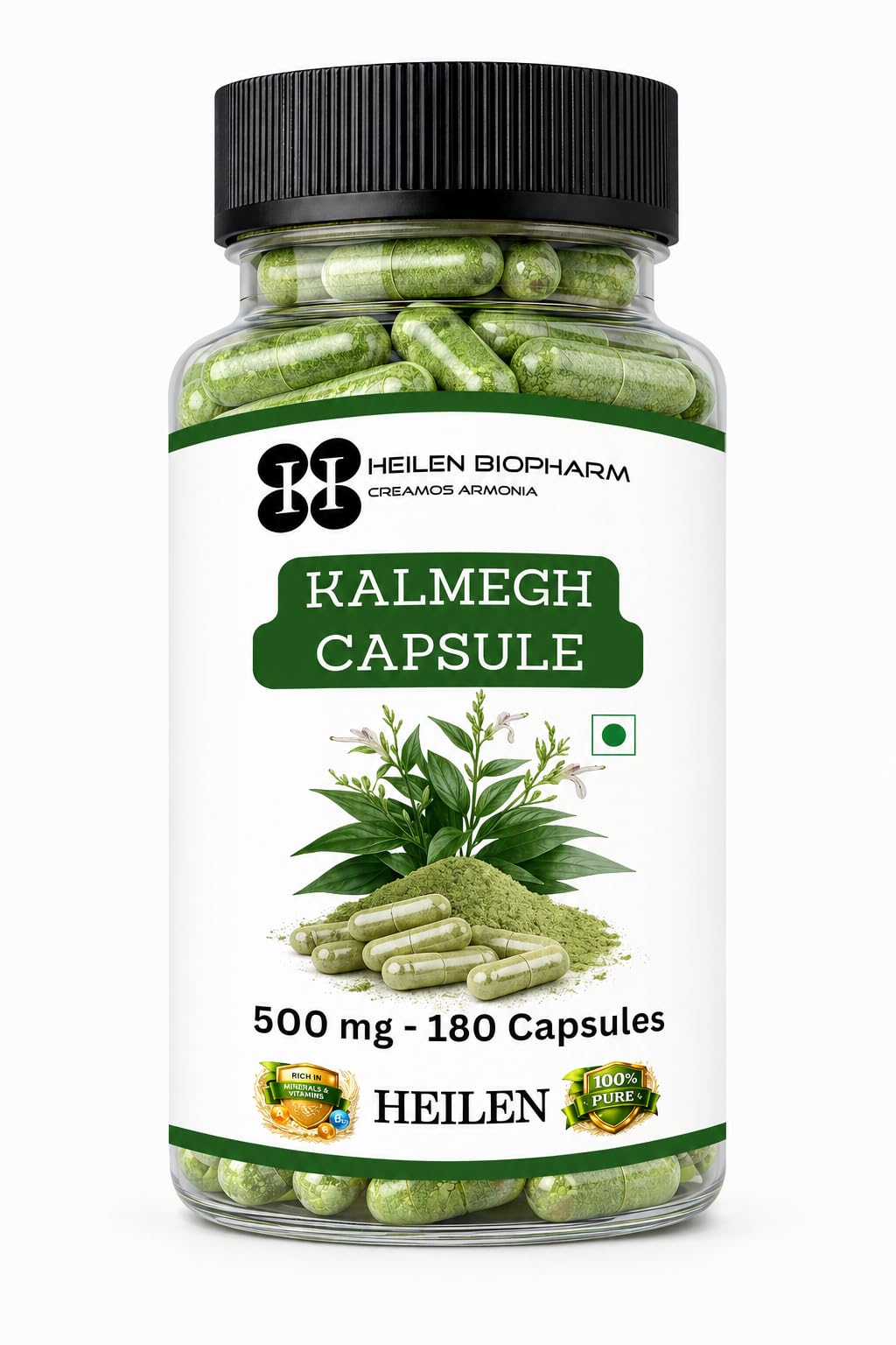 Heilen Biopharm Kalmegh Capsules 500mg (180 Capsules) | Kalmegh Herb (Andrographis paniculata) Ayurvedic Supplement | Supports Liver Wellness & Immunity | Vegetarian Capsules