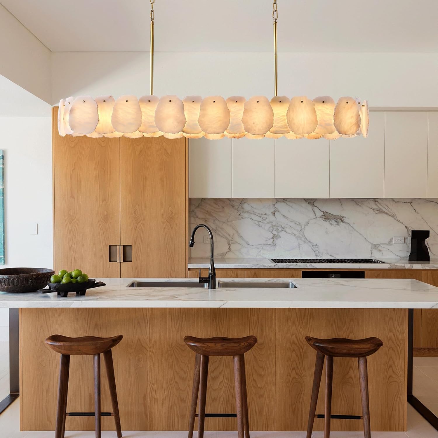 Alabaster Rectangle Chandelier for Dining Room, L57in Modern White Marble Chandeliers, Luxury Natural Spanish Brass Alabaster Chandelier Over Table for Kitchen Island Dining Table Living Room