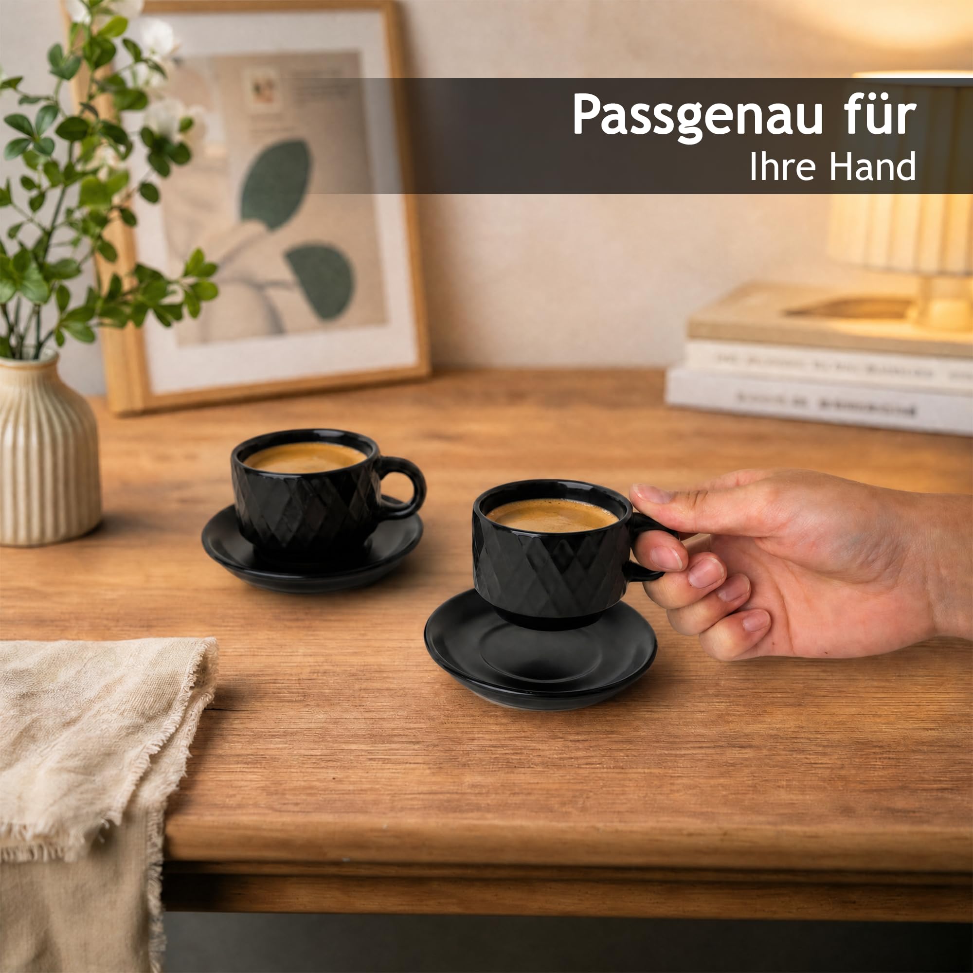 MIAMIO – 6 x 75 ml Espresso Tassen/Espressotassen Set mit Ständer Steingut Keramik - Palmanova Kollektion (Schwarz)