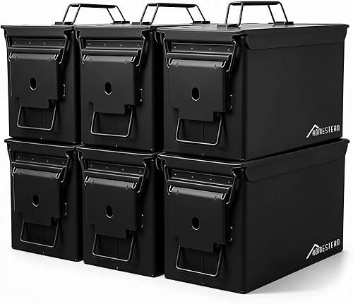 HOMESTEAD Lata de munición de metal de 50 calibres – Paquete de 6 cajas de almacenamiento de munición de acero militar M2A1, herméticos y Negro