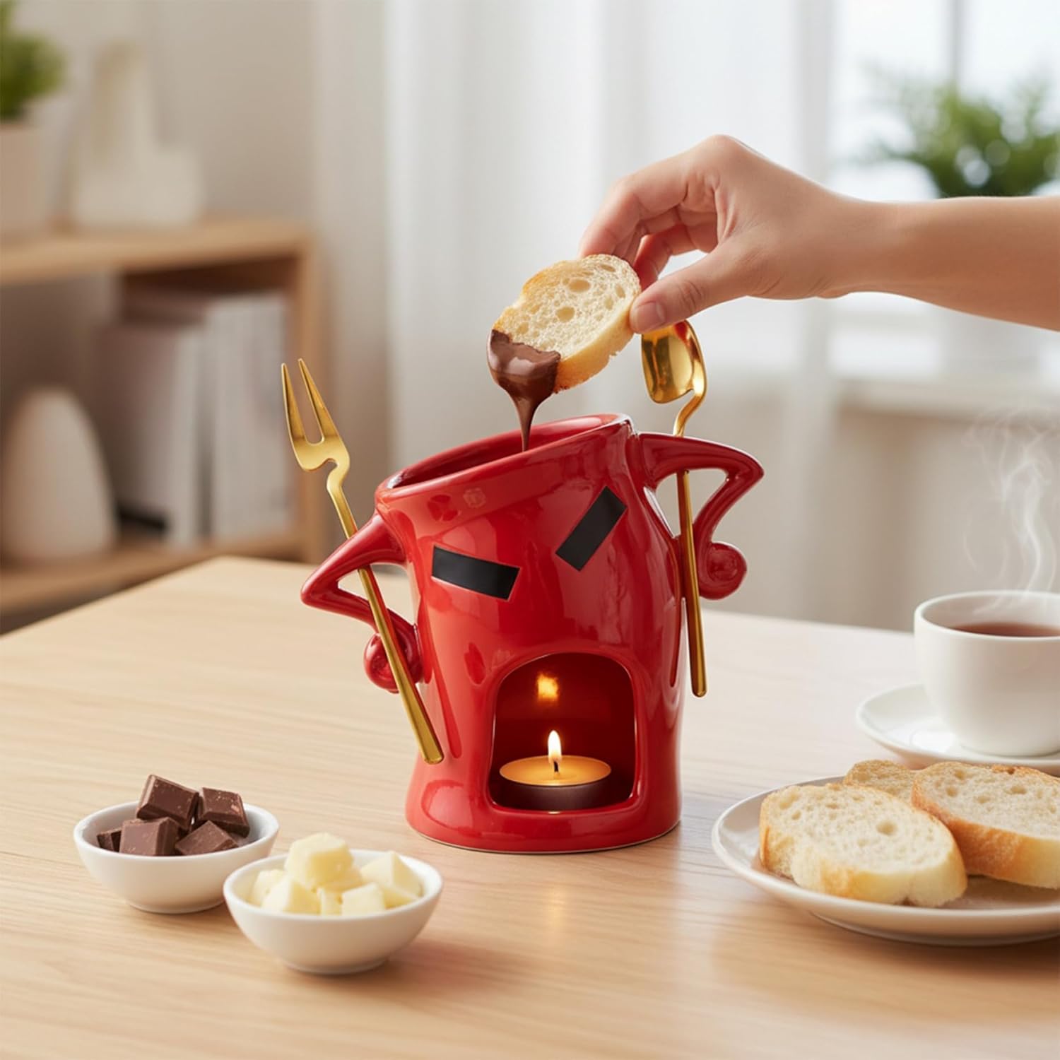 Chocolate Fondue Cup, Ceramic Fondue Mug Set with with Fork and Spoon, Chocolate Melting Cup for Cheese Butter Caramel, Red