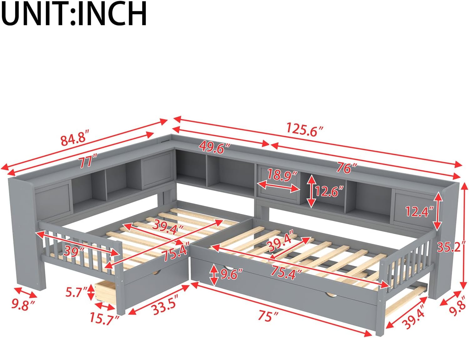 Twin Size L-Shaped Platform Bed Frame with Trundle, Solid Wood Daybed with Drawers & Open Shelves, Twin Corner Bed for Kids Boys Girls, No Box Spring Needed (Gray)