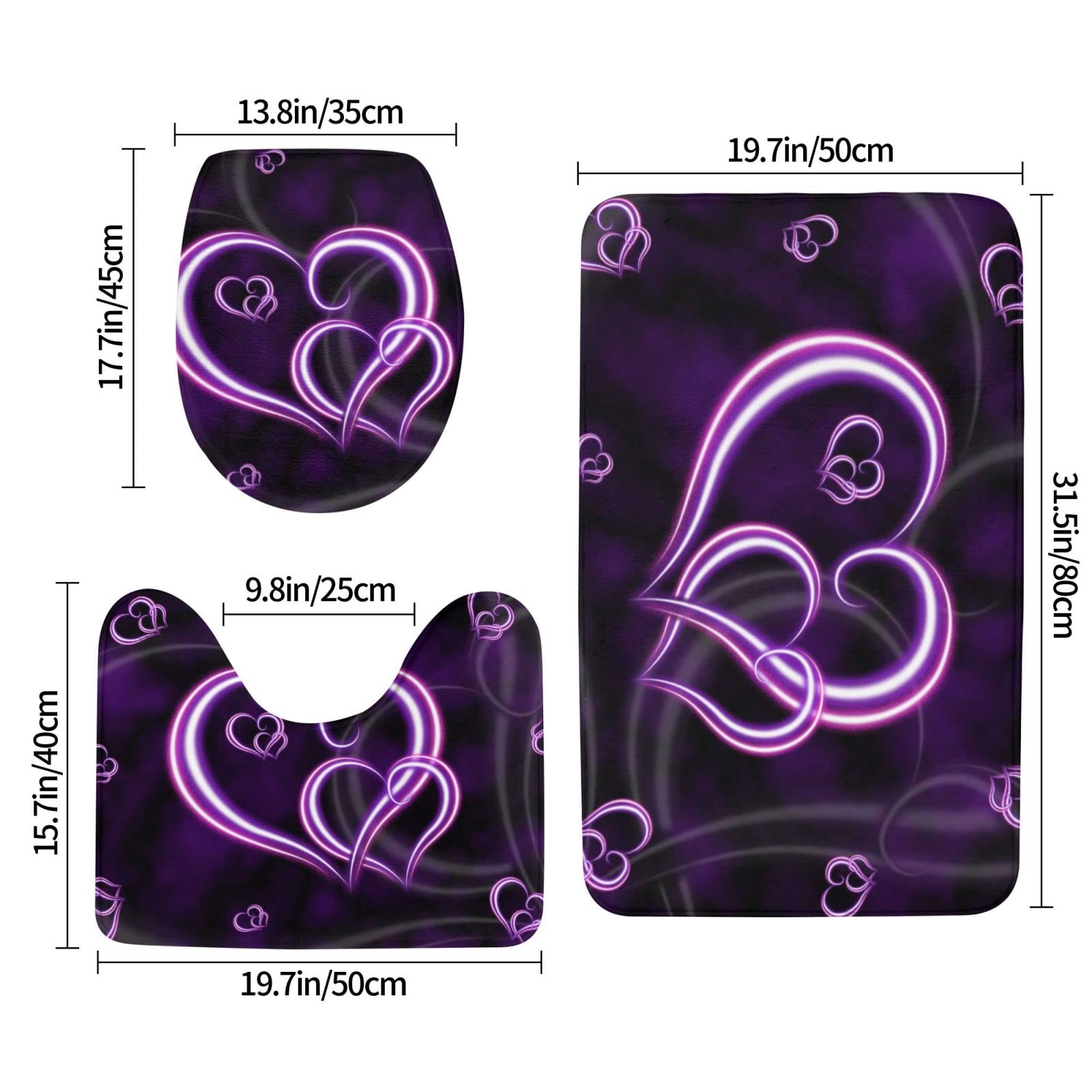 Set di 3 tappetini da bagno con motivo a cuori viola, in flanella, antiscivolo, con coperchio, per decorare la casa