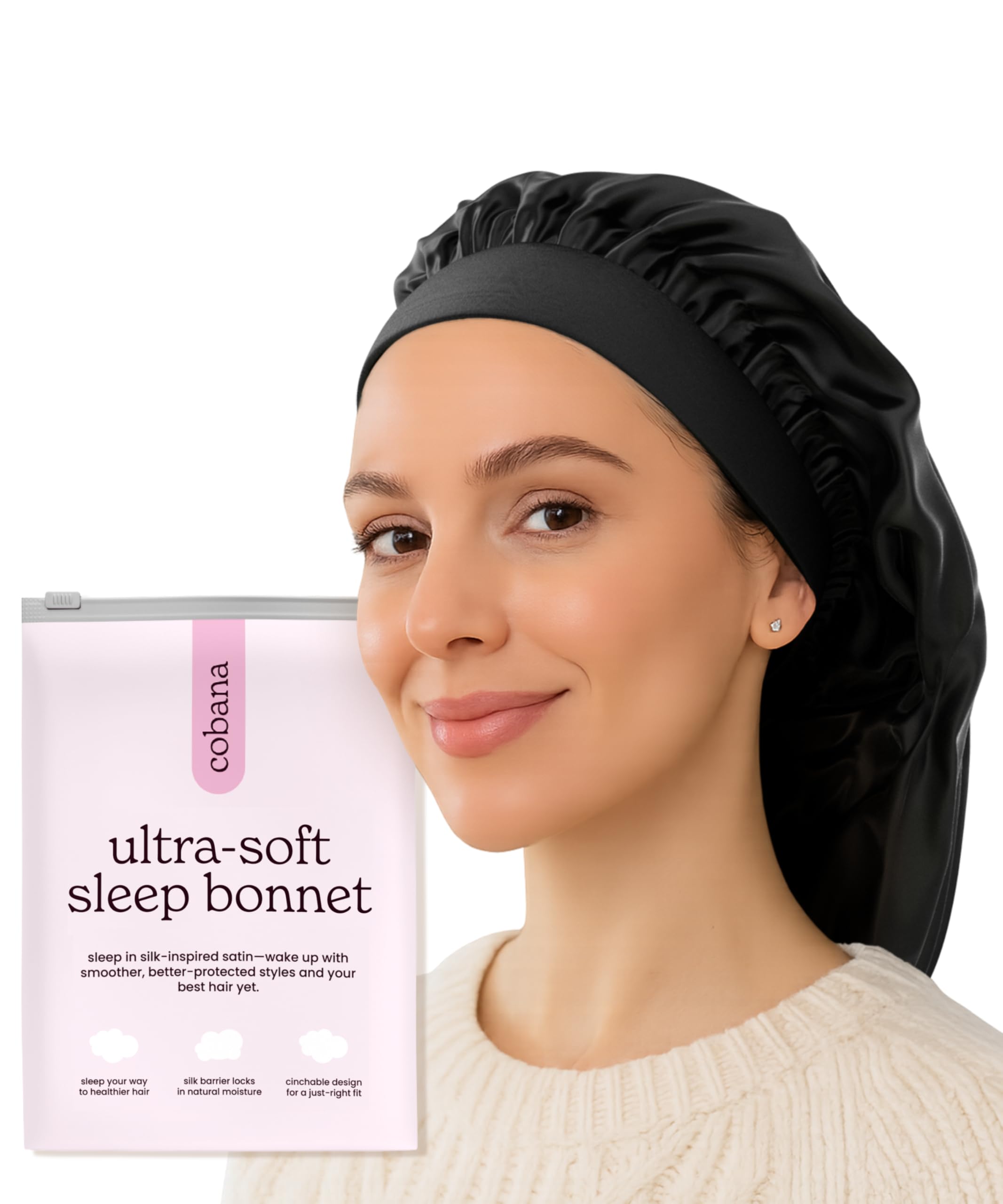 Cobana Satin Sleep Bonnet – Double-Lined Night Cap for Natural Hair, Braids, Curls & All Hair Types – Adjustable, Slip-Resistant Wrap – Protects Edges Overnight (Black)
