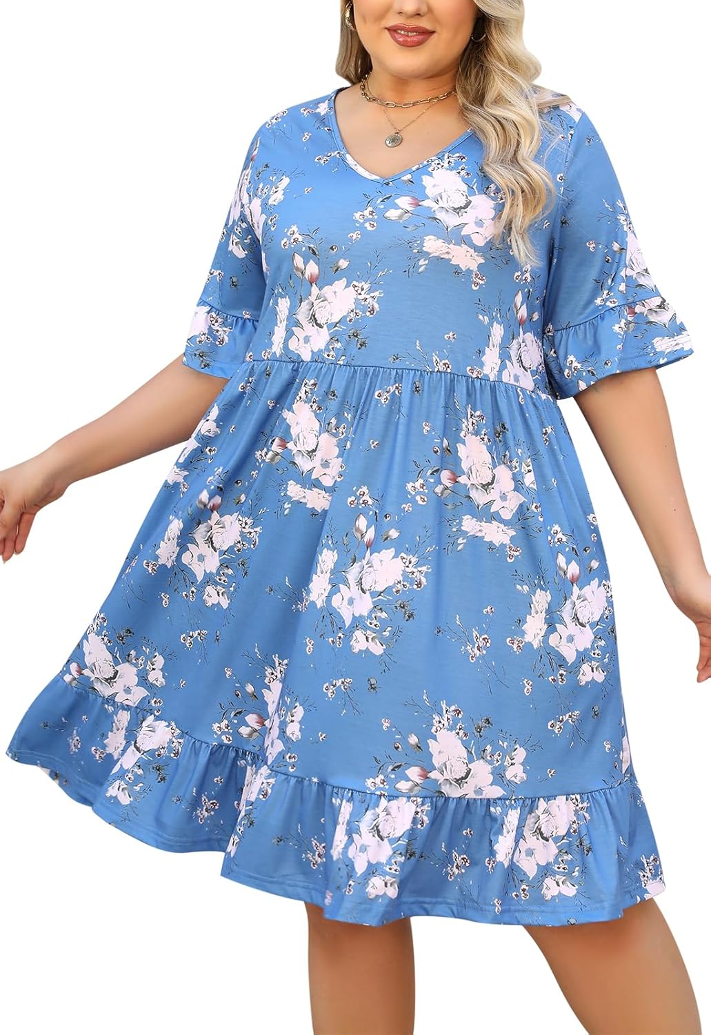 Celkuser Plus Size Summer Midi Casual Ruffle Short Sleeve Dress Lightweight Flowy Babydoll Beach Dress for Women with Pocket