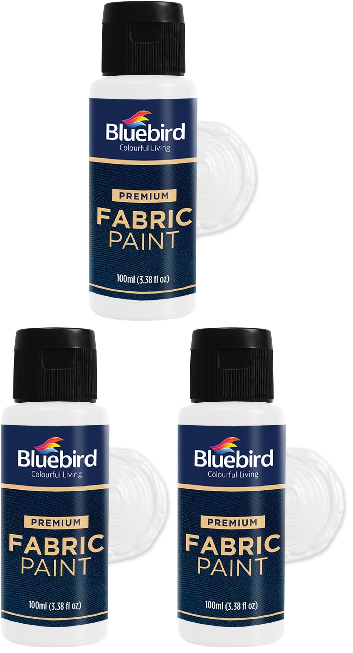 BLUEBIRD Fabric Paint, White, 3.4 Fl Oz, Permanent Fabric Paints for Clothes, Furniture Upholstery (Pack of 3)