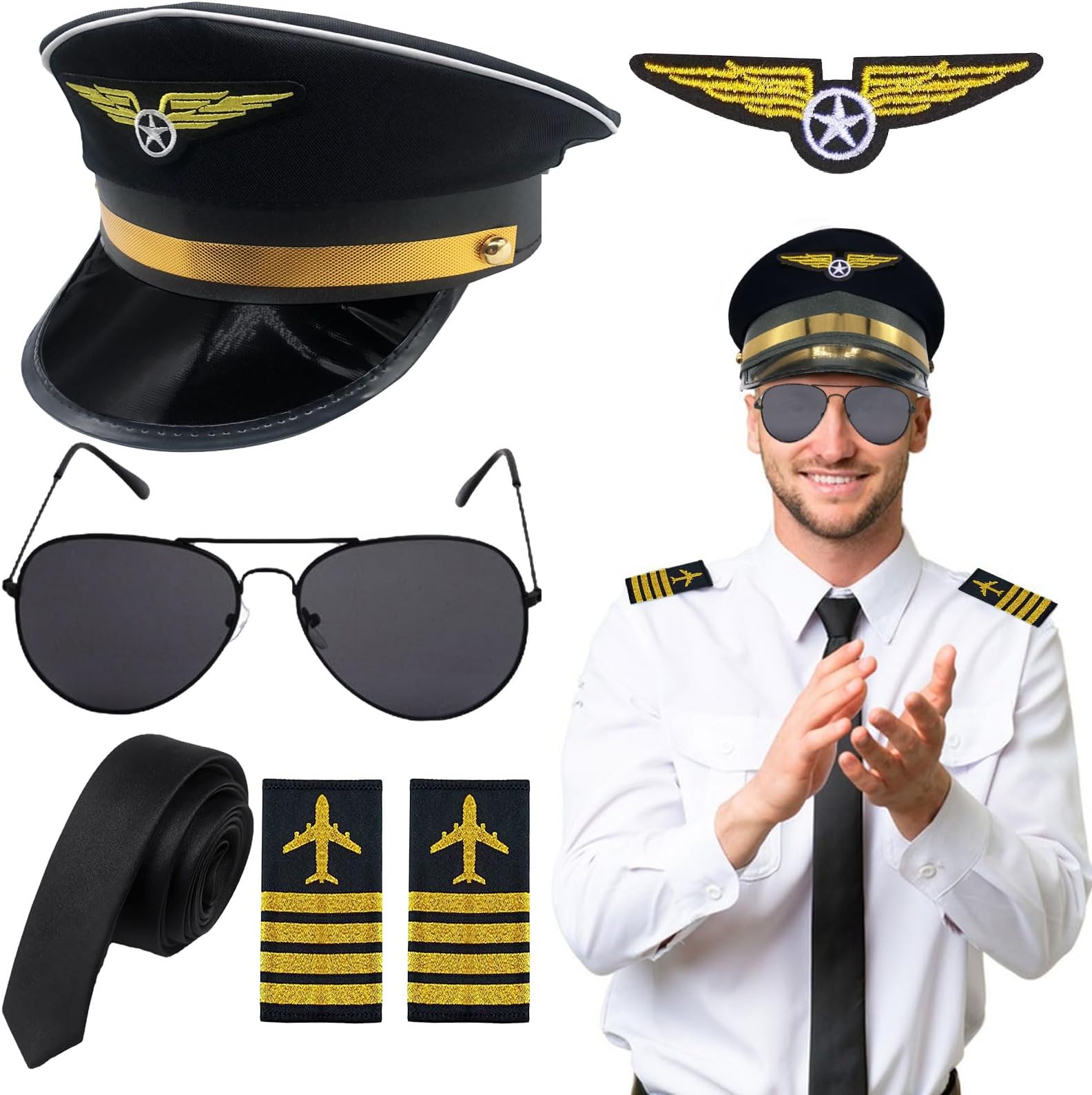 Beamely 5Pcs Airline Pilot Captain Hat Costume Accessories Set, Pilot Fancy Dress Kit with Captain Hat Armband Badge Sunglasses Tie Cosplay Outfit for Adults Teenager Cosplay Dress up Party