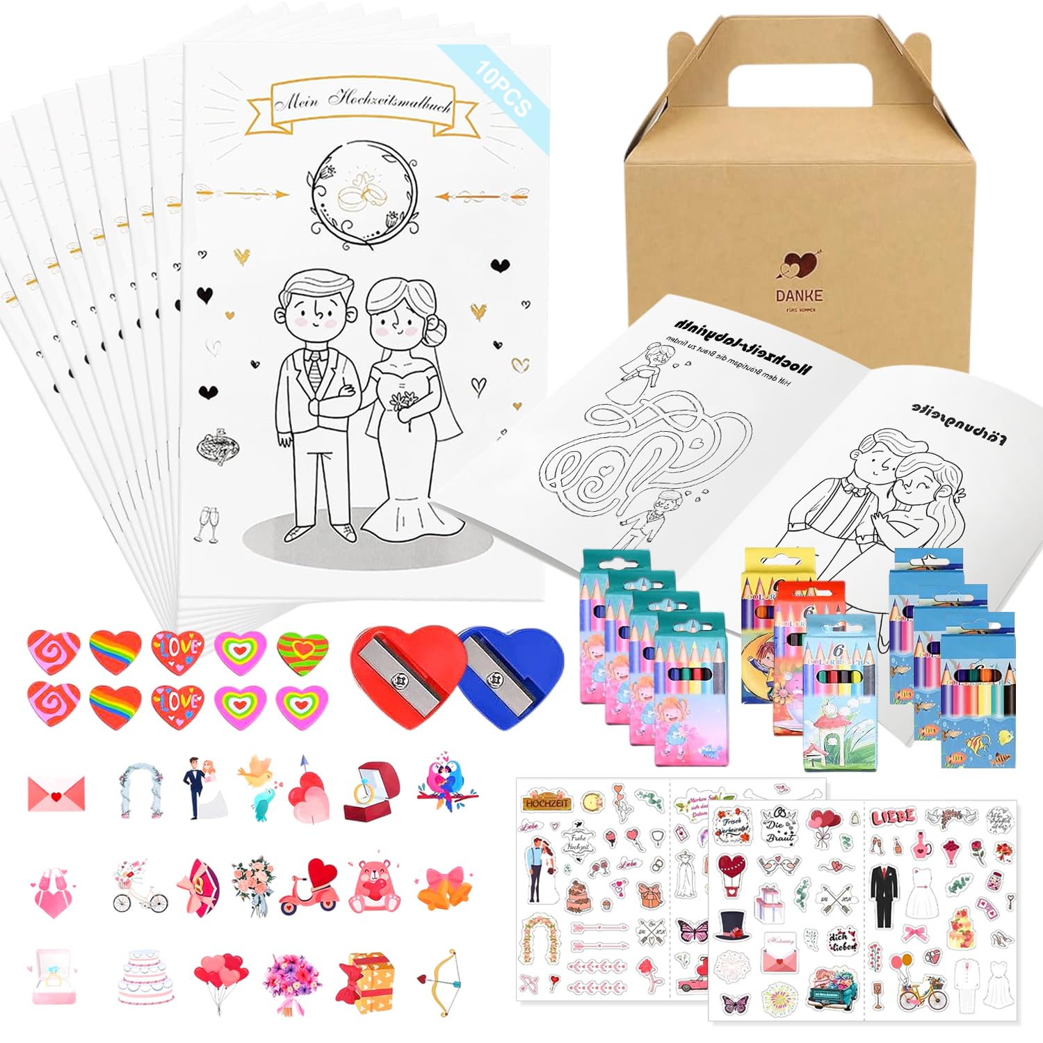 Lot De 12 Kits Cadeau Mariage Pour Enfants - Avec Livres De Coloriage, Crayons, Sacs - Pour Occuper Les Petits Pendant La Fête