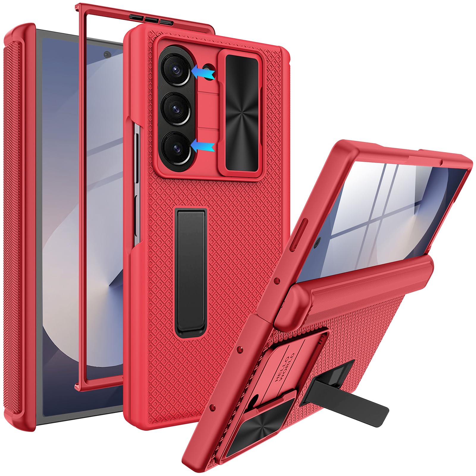 Miimall Heavy Duty for Galaxy Fold 6 Case with Slide Lens Cover & Hinge Protection & Tempered Glass Screen Protector, Built-in Kickstand Drop Proof