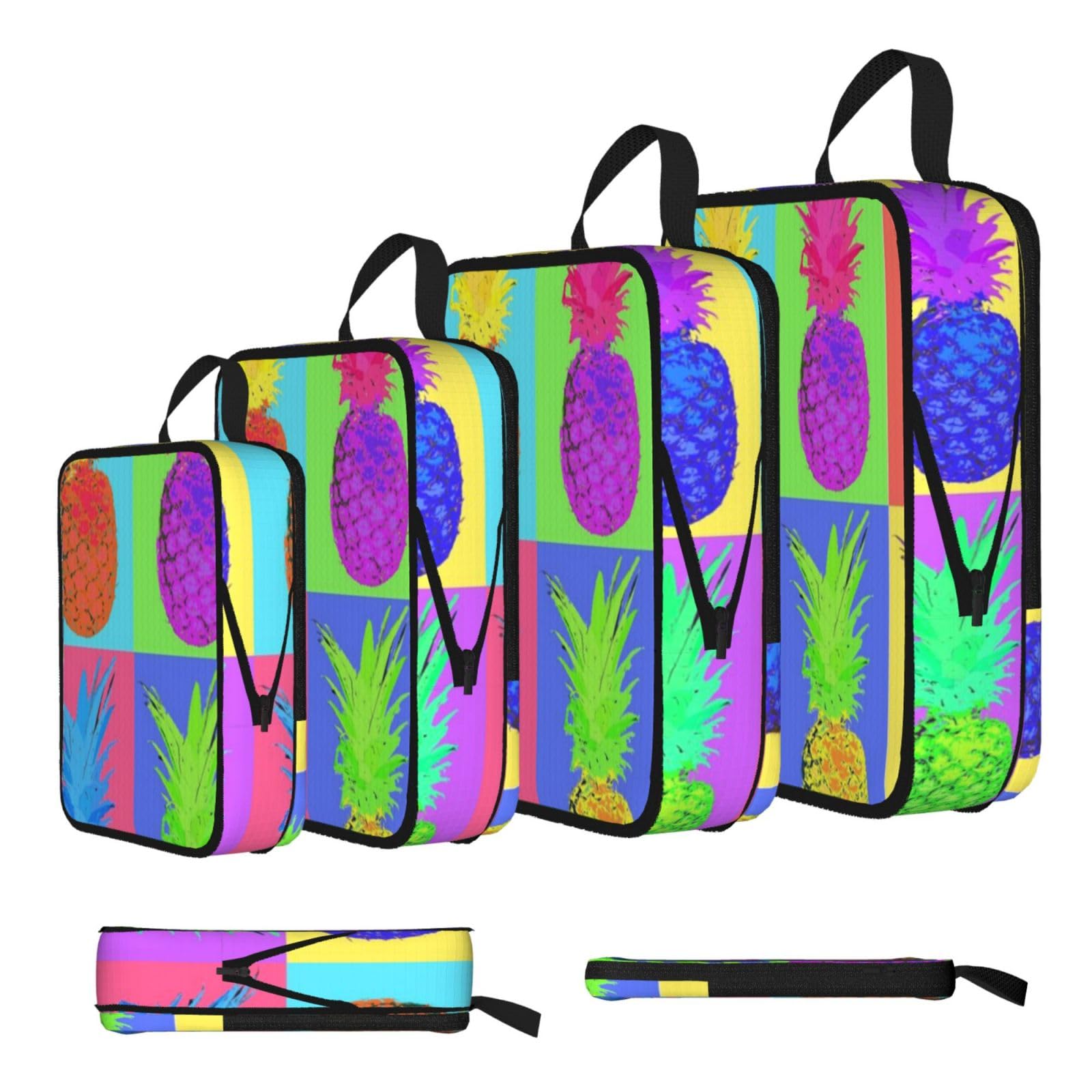 Colorful Pineapple Print Compression Packing Cubes 4-Piece Set With Multi- Compartment Travel Bag, Waterproof Suitcase Organiser Bags