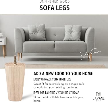 La Vane 4 inch Ash Wood Tapered Furniture Legs 4-Pack with 5/16 Thread | Unfinished Ash Wood with Straight Grain, 400lb Load Capacity, Hardware inclu., Mid-Century Modern, Upgrade for Sofa Cabinet