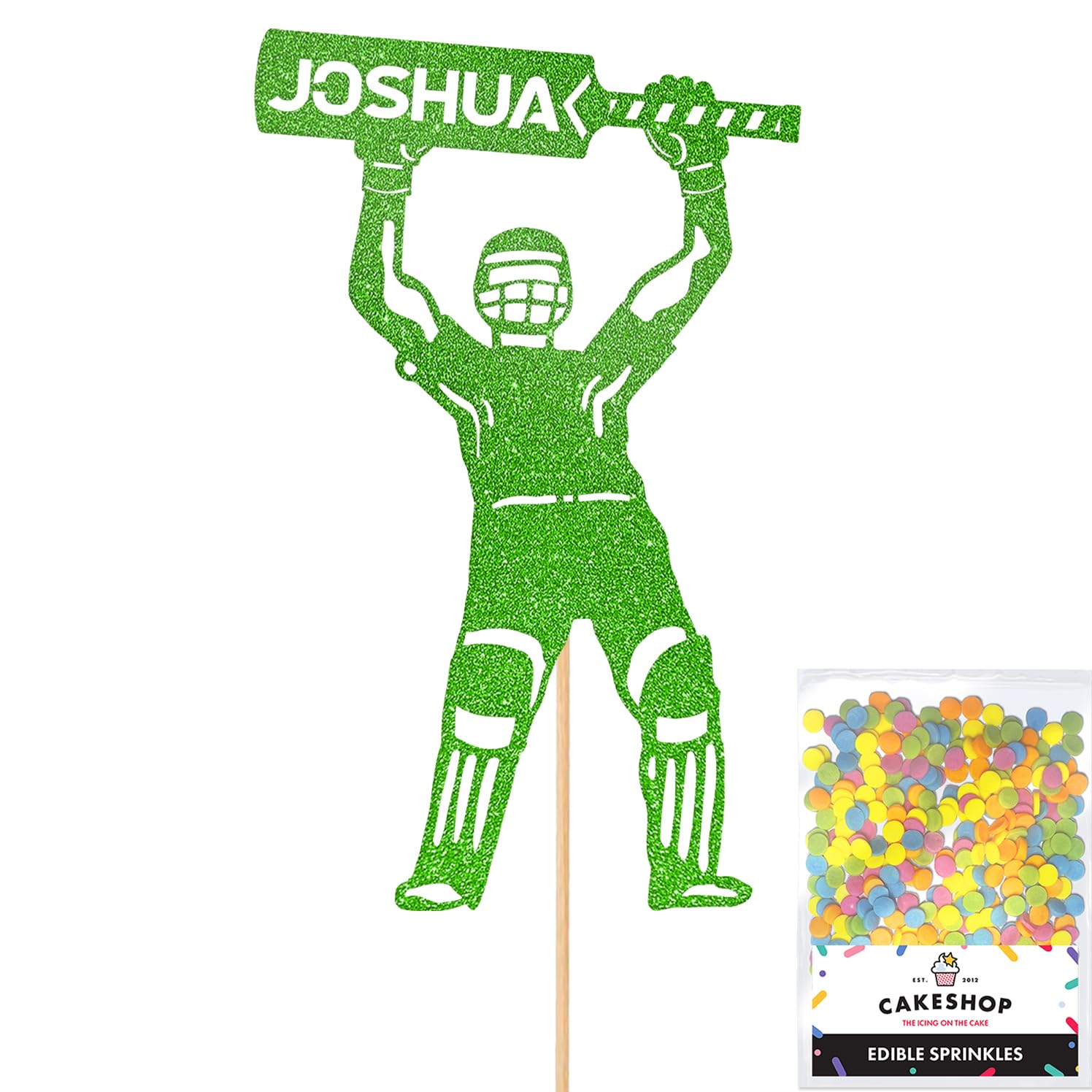 Personalised Cricket Batsmanl Glitter Cake Topper - Green Custom Name Glitter Cake Decoration and Sprinkles - Happy Birthday Decorations - Personalised Toppers for Cakes by Cakeshop