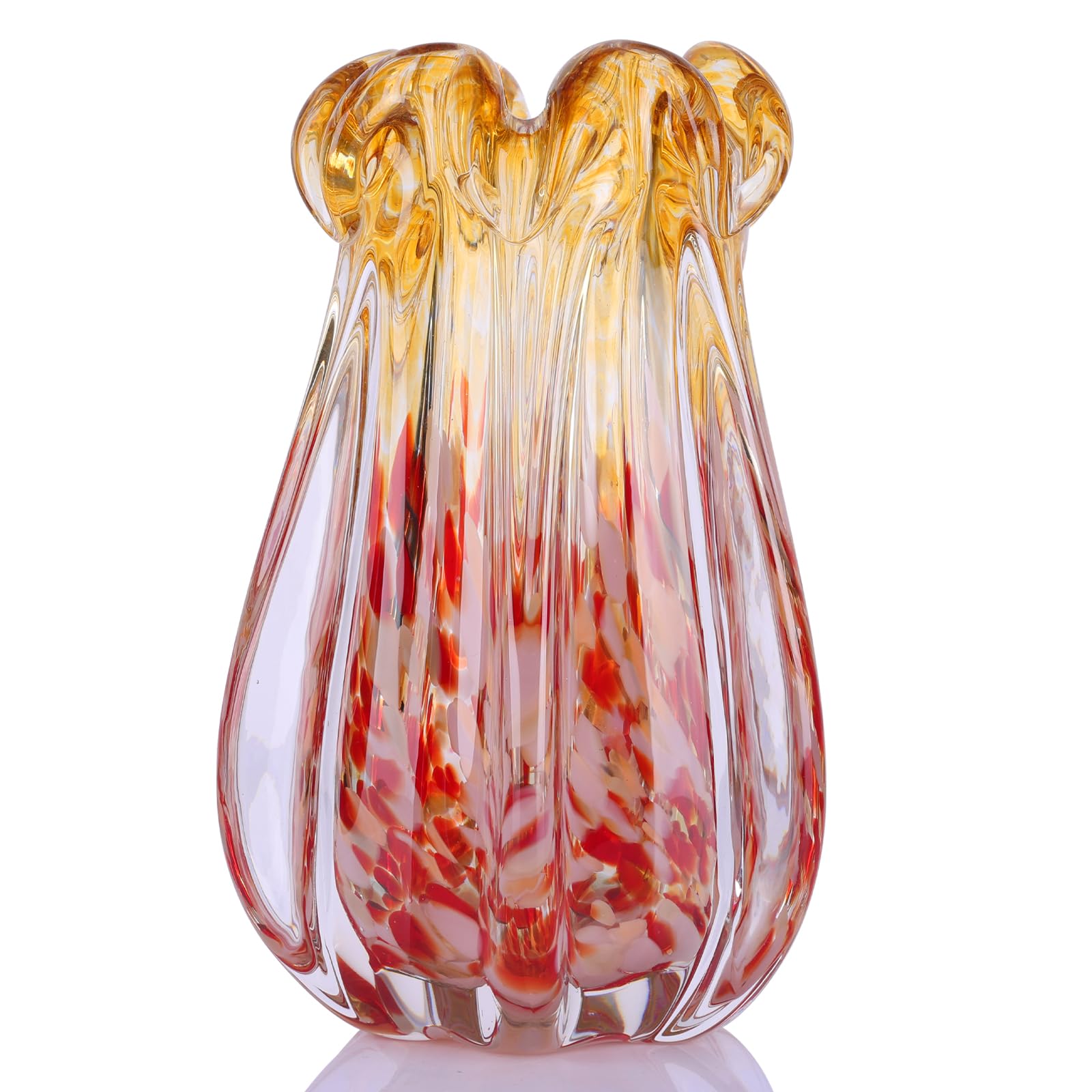 Vase en verre soufflé à la main, 24 cm, dégradé rose et ambré, vase en verre avec bord ondulé unique, vase à fleurs décoratif fait à la main pour salon, centre de table, décoration d'intérieur, cadeau