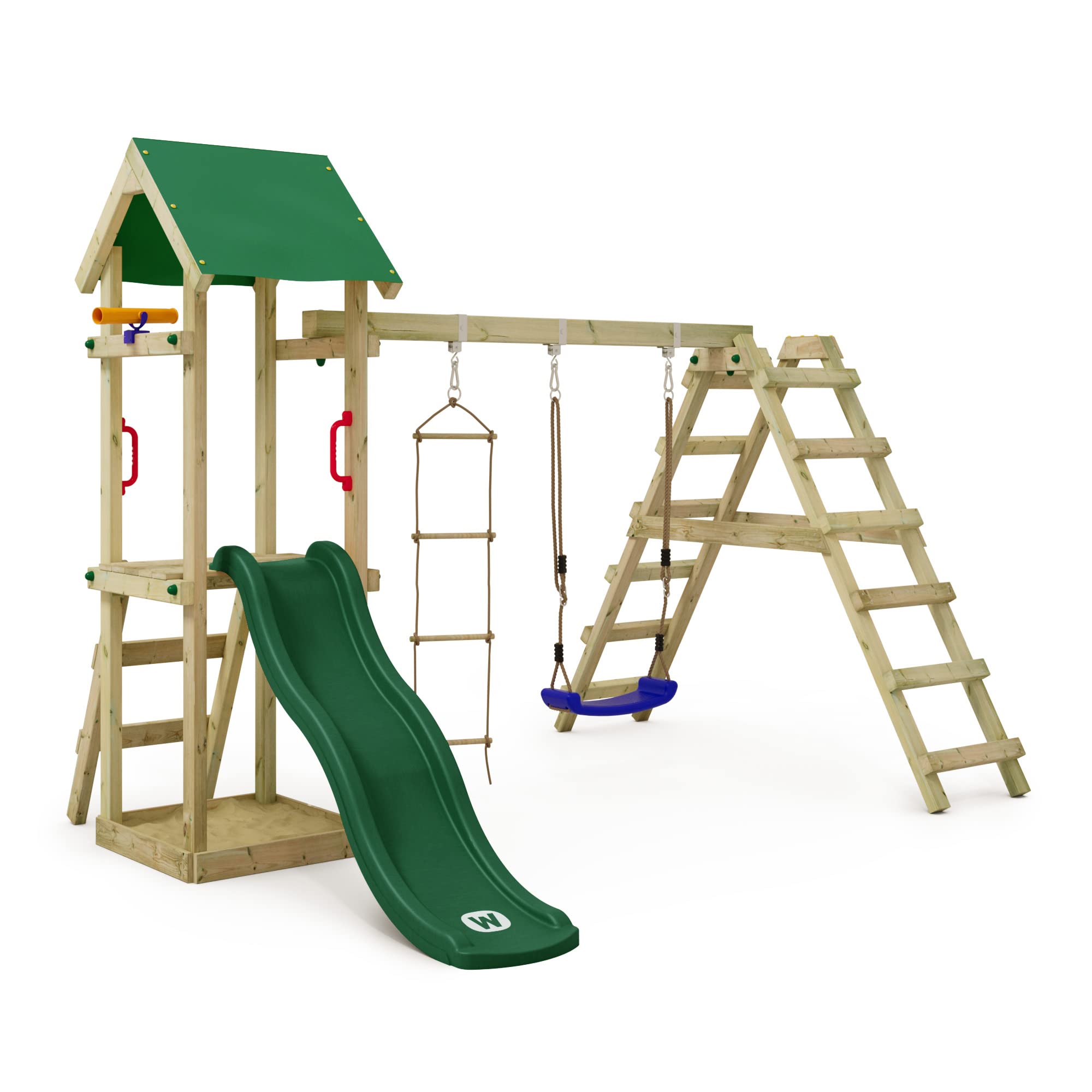 WICKEY Wooden climbing frame TinyLoft with swing set green slide, Outdoor  kids playhouse with sandpit, climbing ladder play-accessories