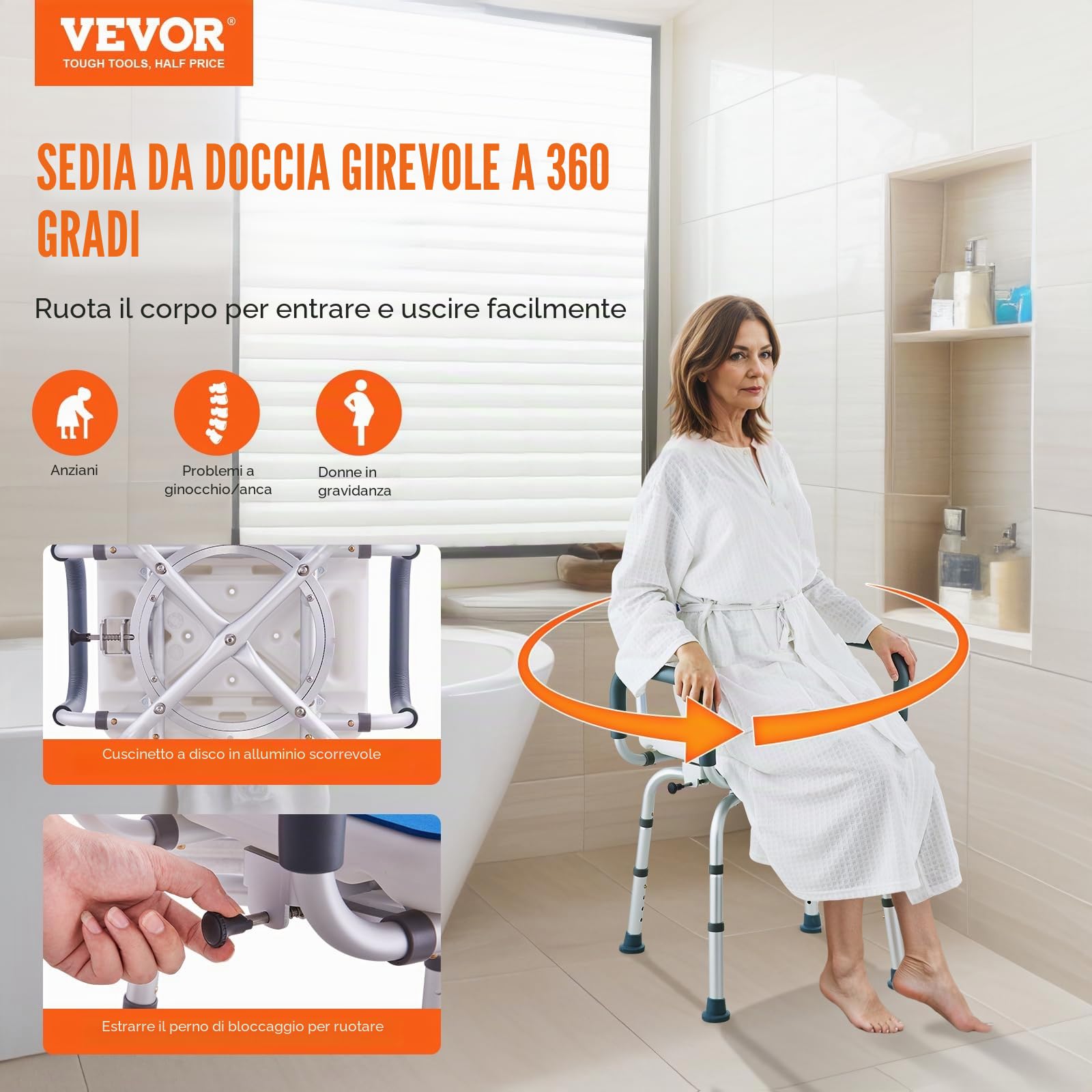 VEVOR Sedia da Doccia Girevole a 360 Gradi, Regolabile, Antiscivolo, per Vasca da Bagno, Capacità 180 kg, Blu+bianco
