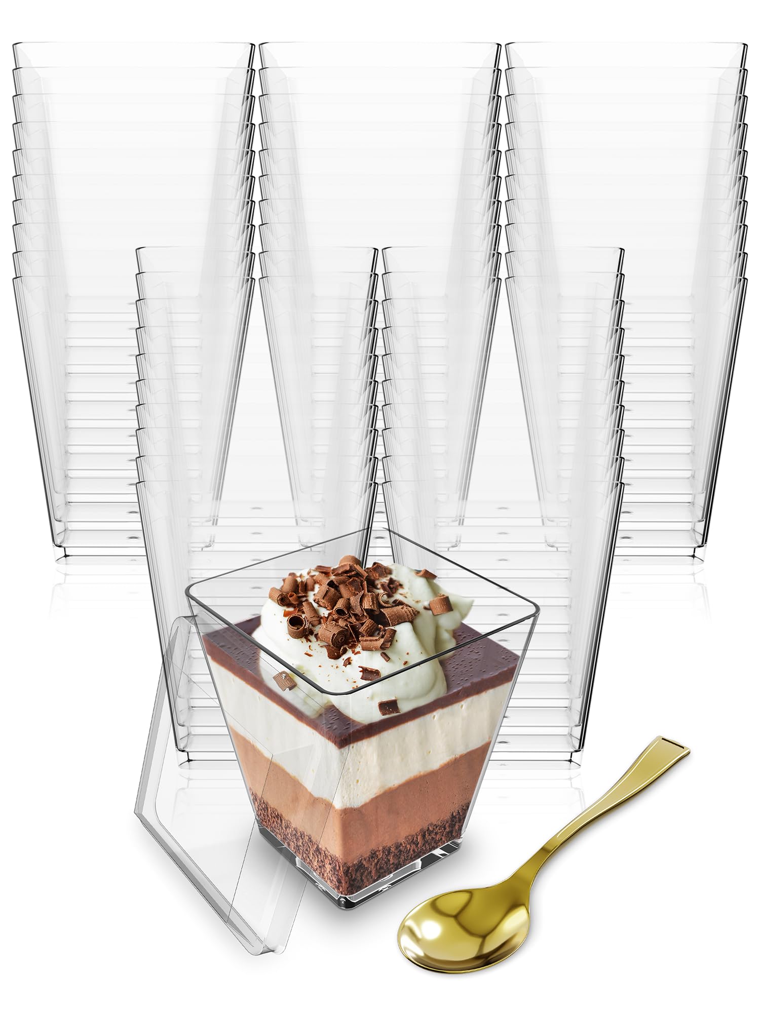 Mini Dessert Cups with Lids and Spoons (100 PACK) (Gold Spoons) - 5 oz Plastic Parfait Cups with Lids Reusable - Plastic Dessert Cups with Lids - Appetizer Cups - Clear Dessert Cups BPA Free Plastic